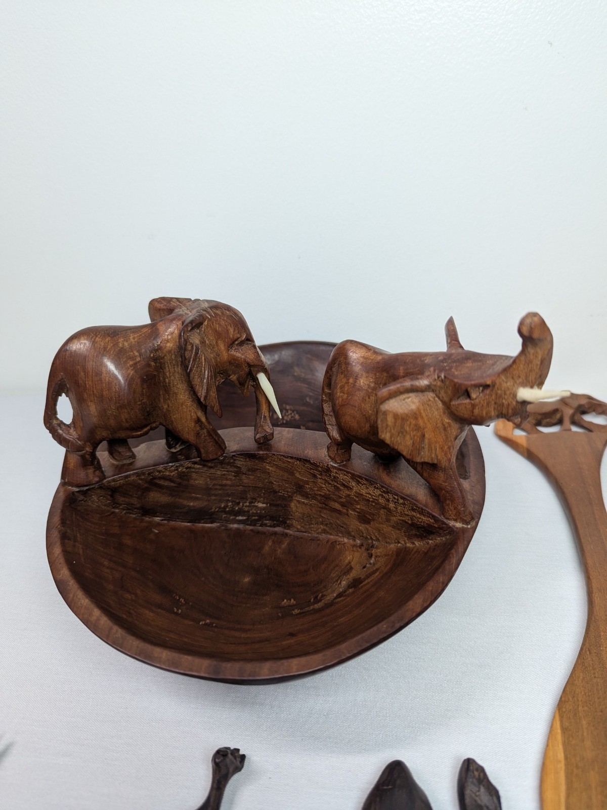 African Hand Made Carved Wooded Elephant Divided Bowl & Animal Serving Utensils