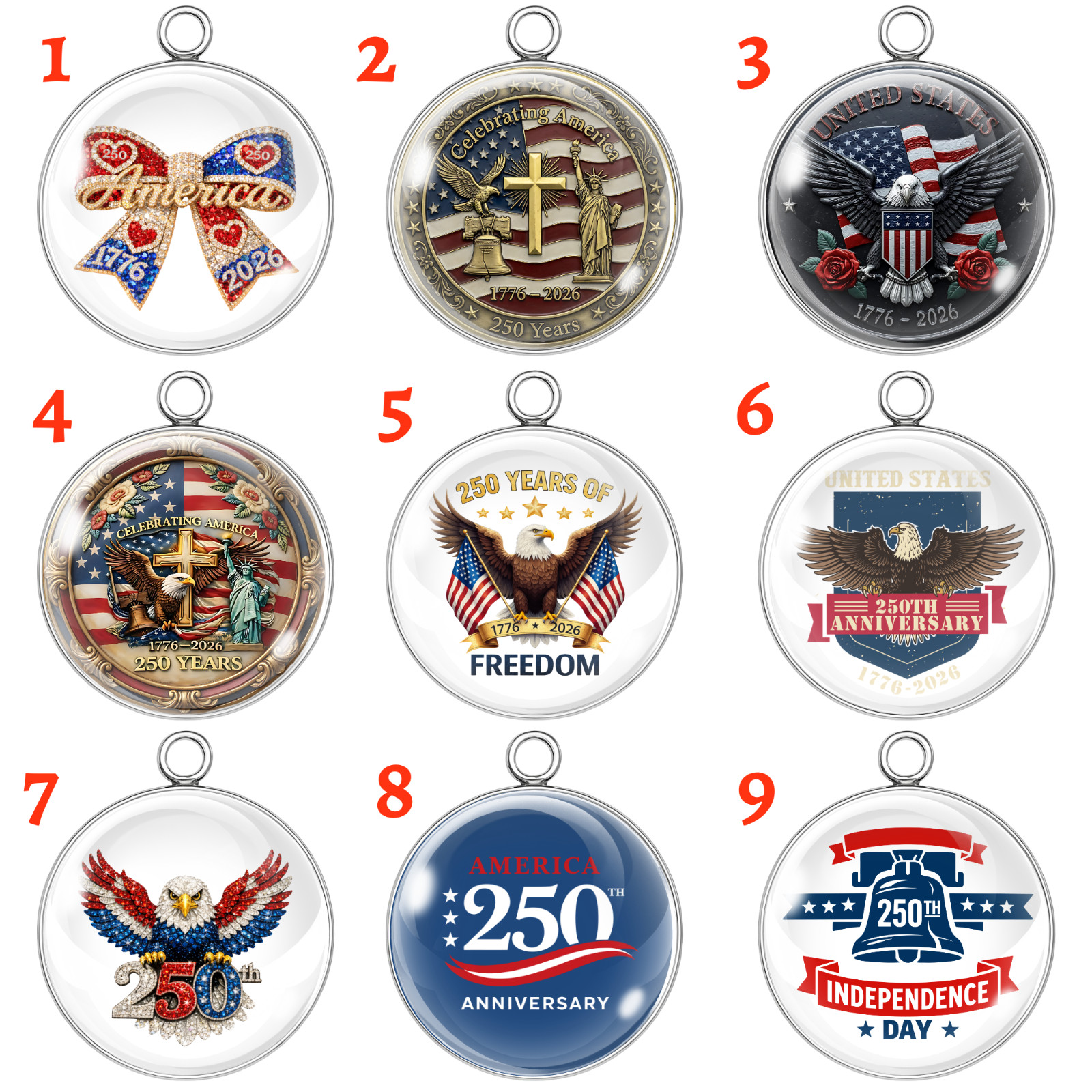 Freedom Anniversary 250th Celebration Glass Cabochon Charms – Handmade Pendants
