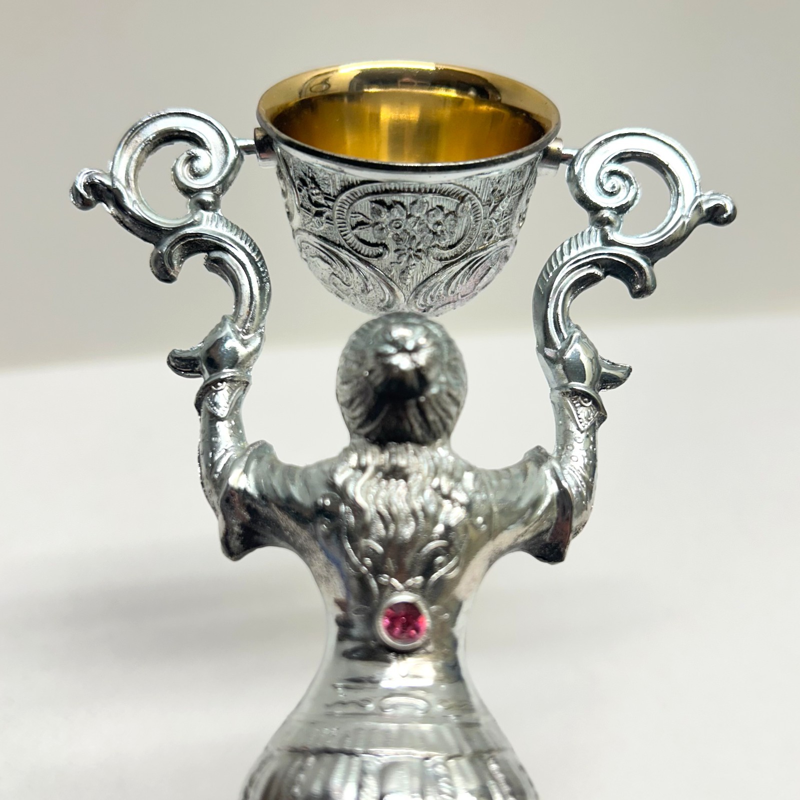 VTG Traditional Antiqued Silver Plated Wedding Cup German Chalice Lady Pink Gem