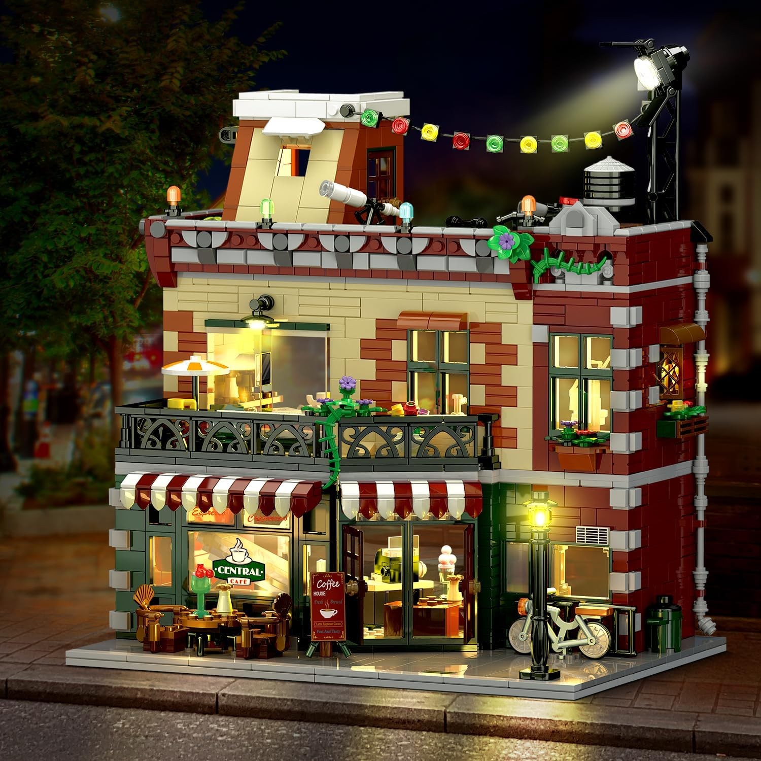 offee House Building Set with LED Light, 1589PCS City Cafe Shop Building Block