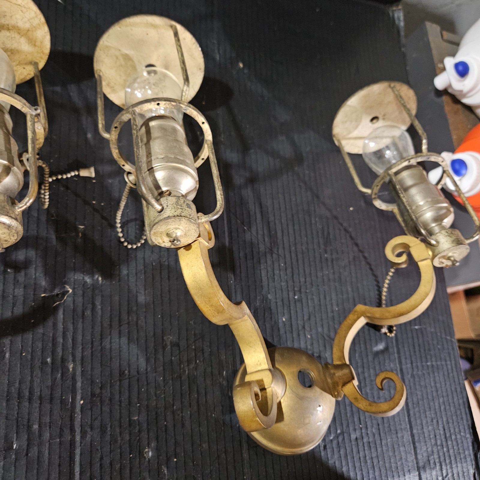Rare Pair Antique Brass Nickle Sconces Handel Era Edwardian glass shade Hubbell