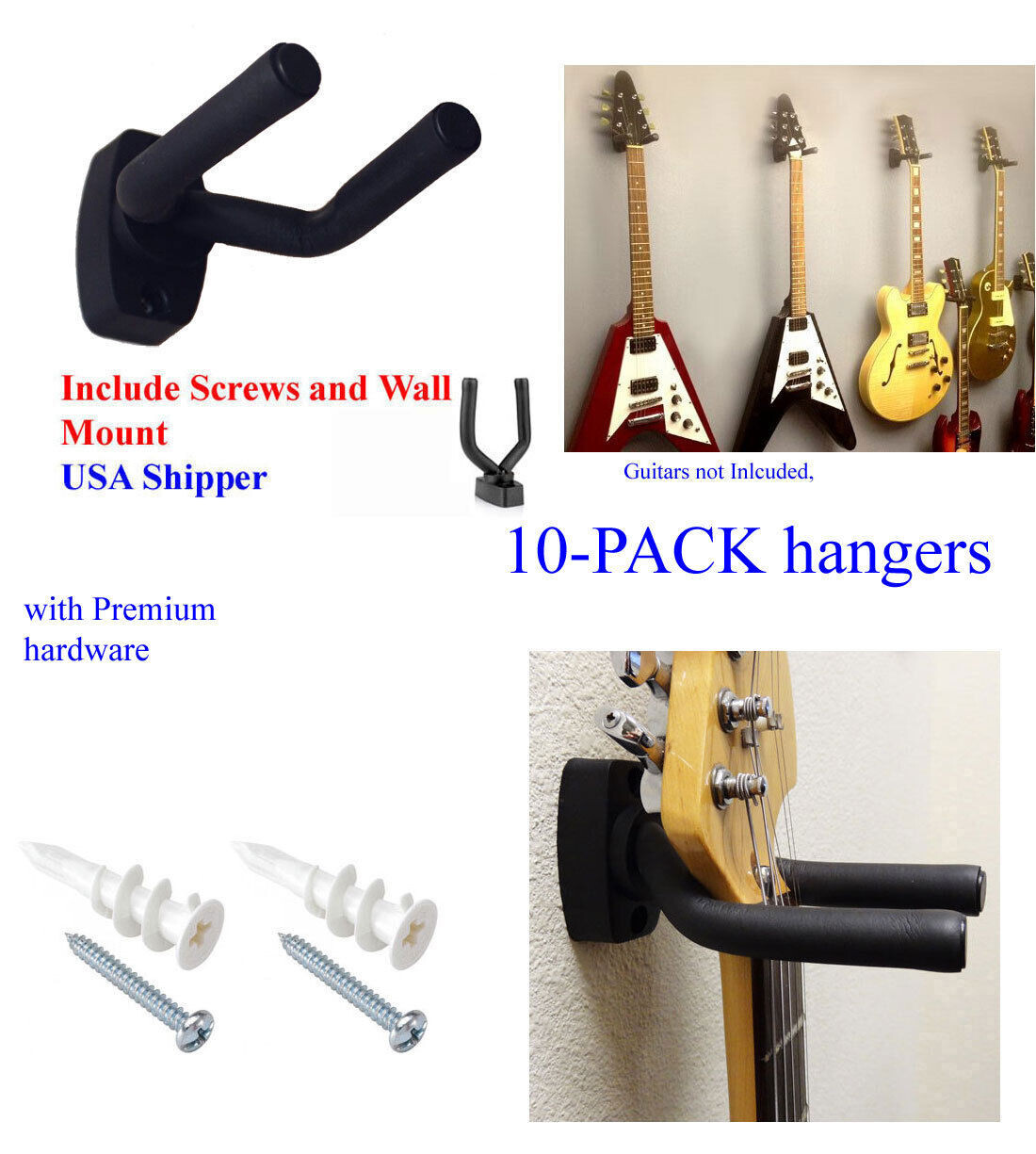 10 PCS Pack Guitar Hangers Hook Holder Wall Mount Hanger Display Instrument