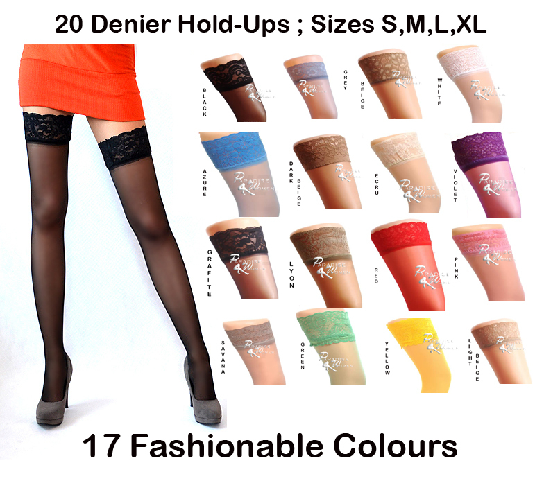 NEW Lace Top 20 Denier Sheer Hold Ups Stockings 17 Various Colours- Sizes S-XL