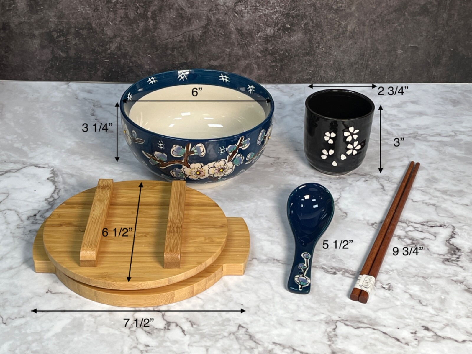 Cherry Blossom Blue Japanese Ceramic Rice Noodle Ramen Bowl w/ Bamboo Lid Trivet