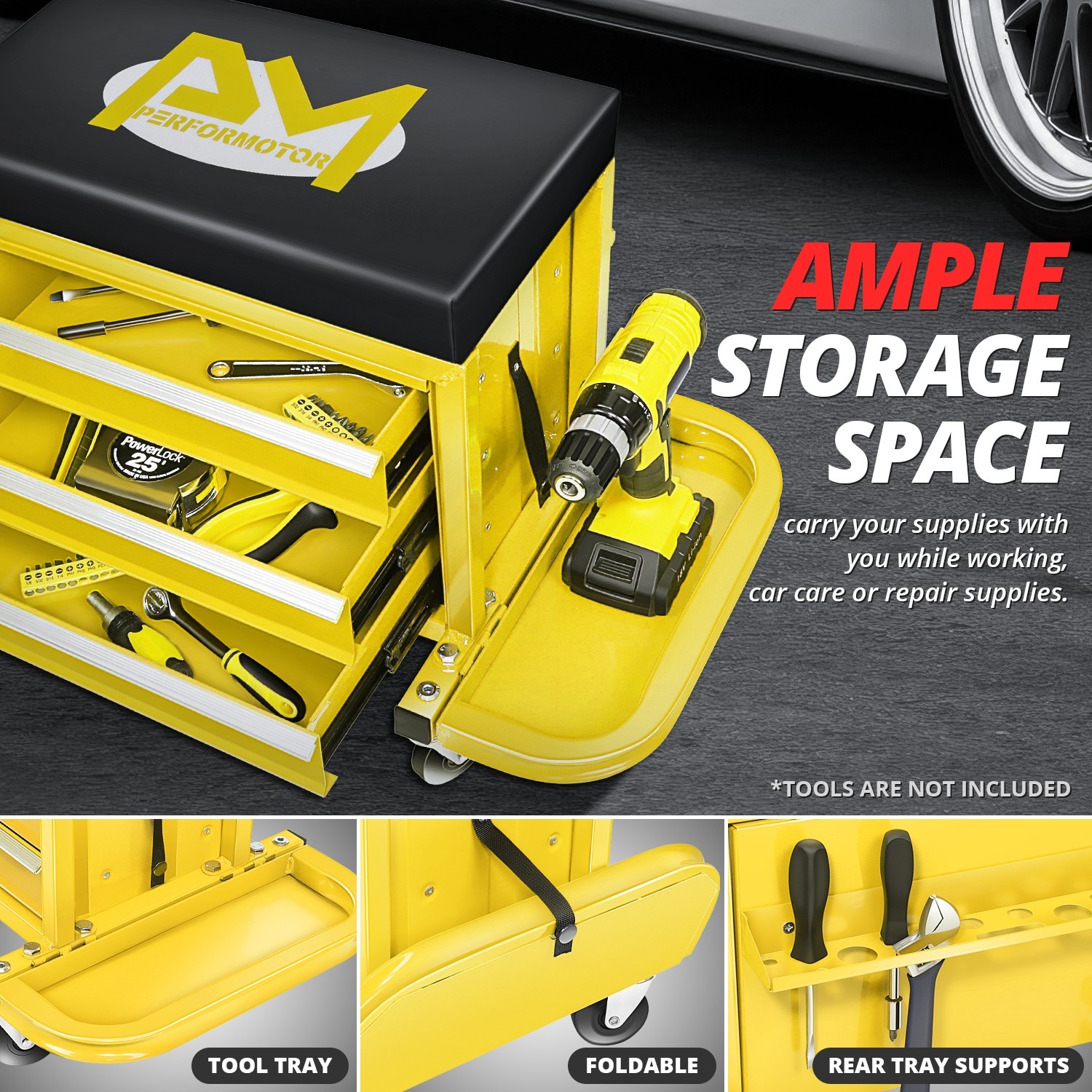 Mechanics Roller Work Seat w/ 3-Drawer Tool Box Storage Tray Padded Stool Yellow