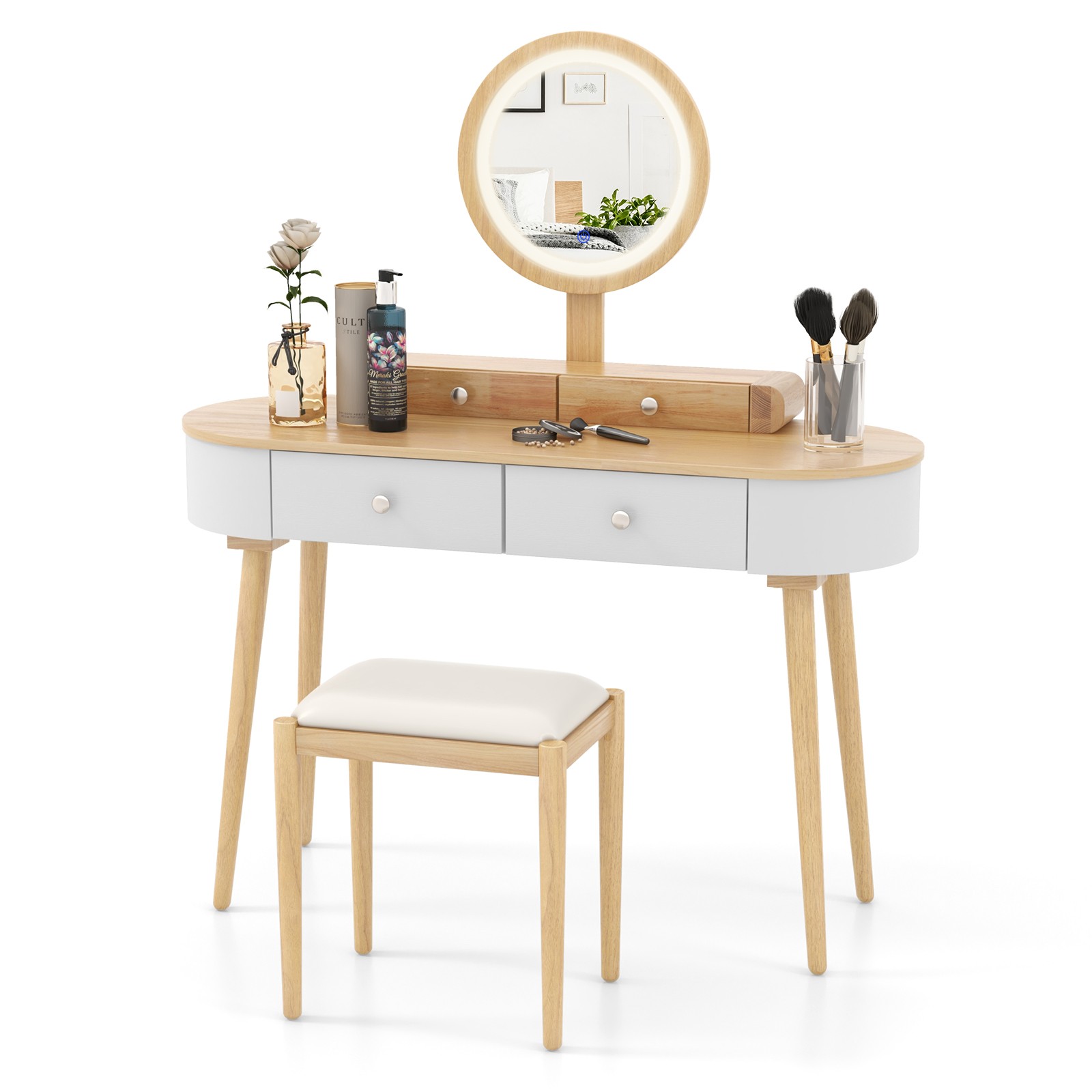 Solid Wood Makeup Vanity Desk Set w/LED Lighted Mirror, Drawers, Cushioned Stool