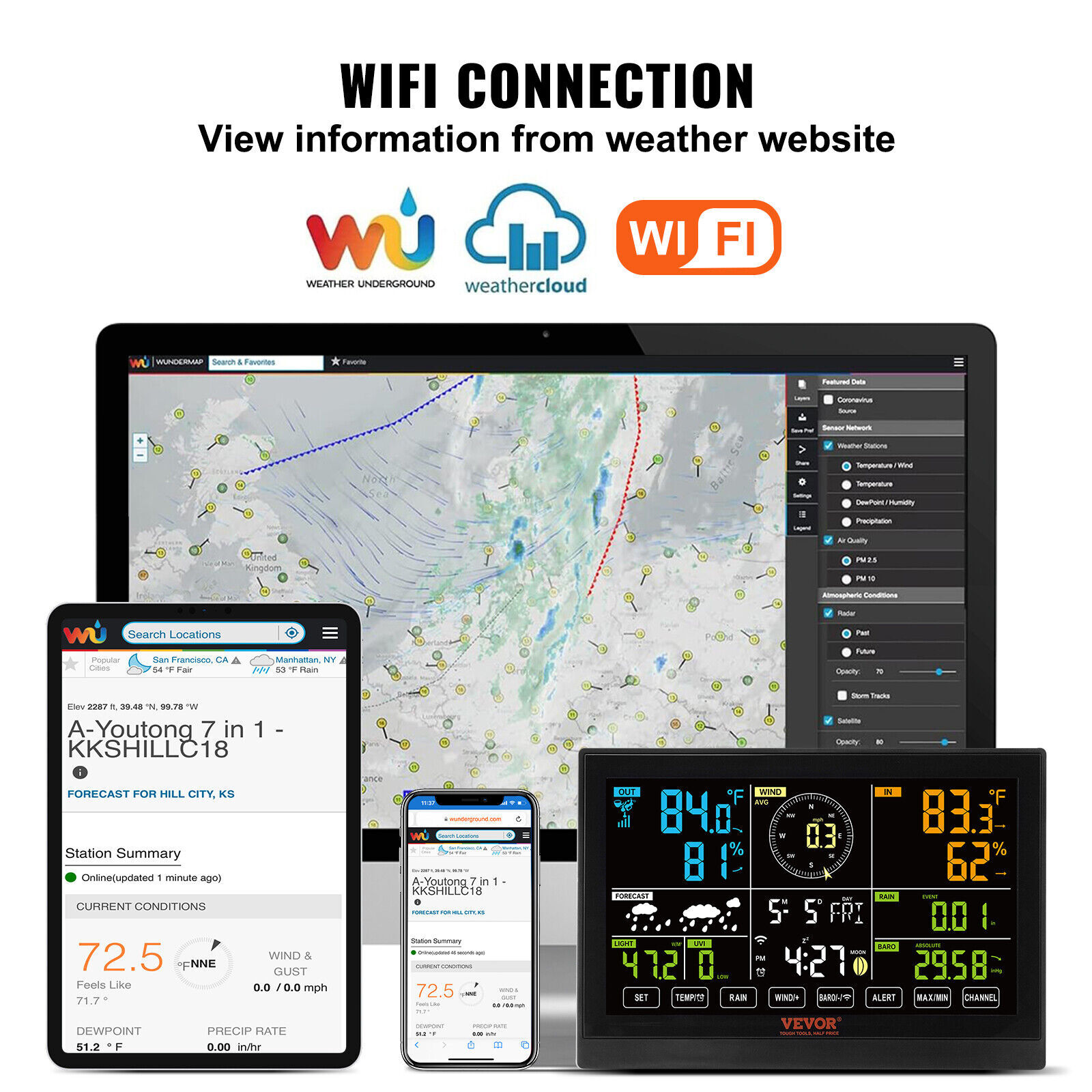 VEVOR 7-in-1 Wi-Fi Weather Station 7.5 in Color Display Wireless Outdoor Sensor