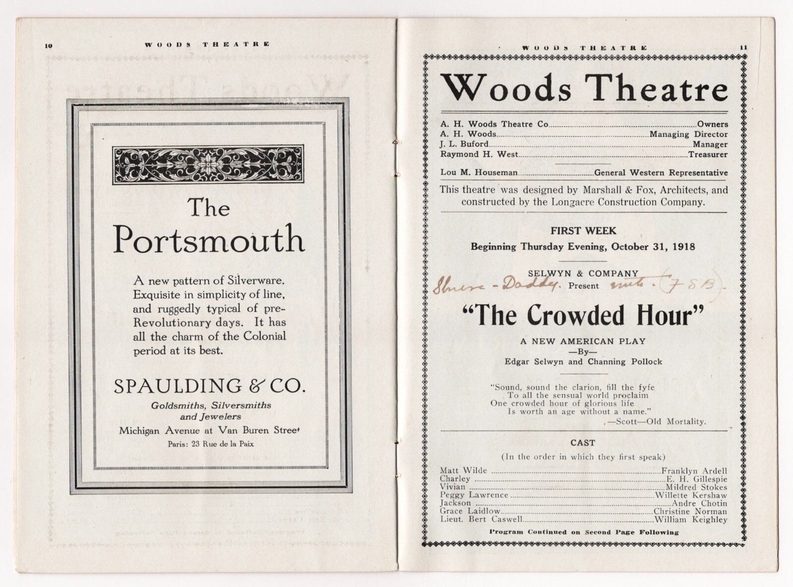 Willette Kershaw "THE CROWDED HOUR" Alan Dinehart 1918 Chicago Tryout Playbill