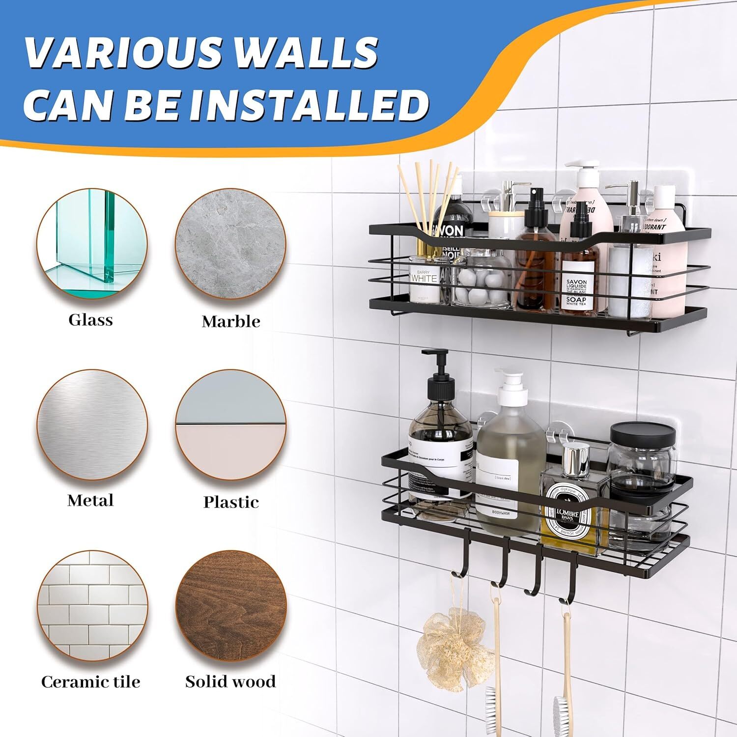 Rustproof Shower Shelf Rack Adhesive Shower Shelves & 4 Hooks Organizer 2 Pcs