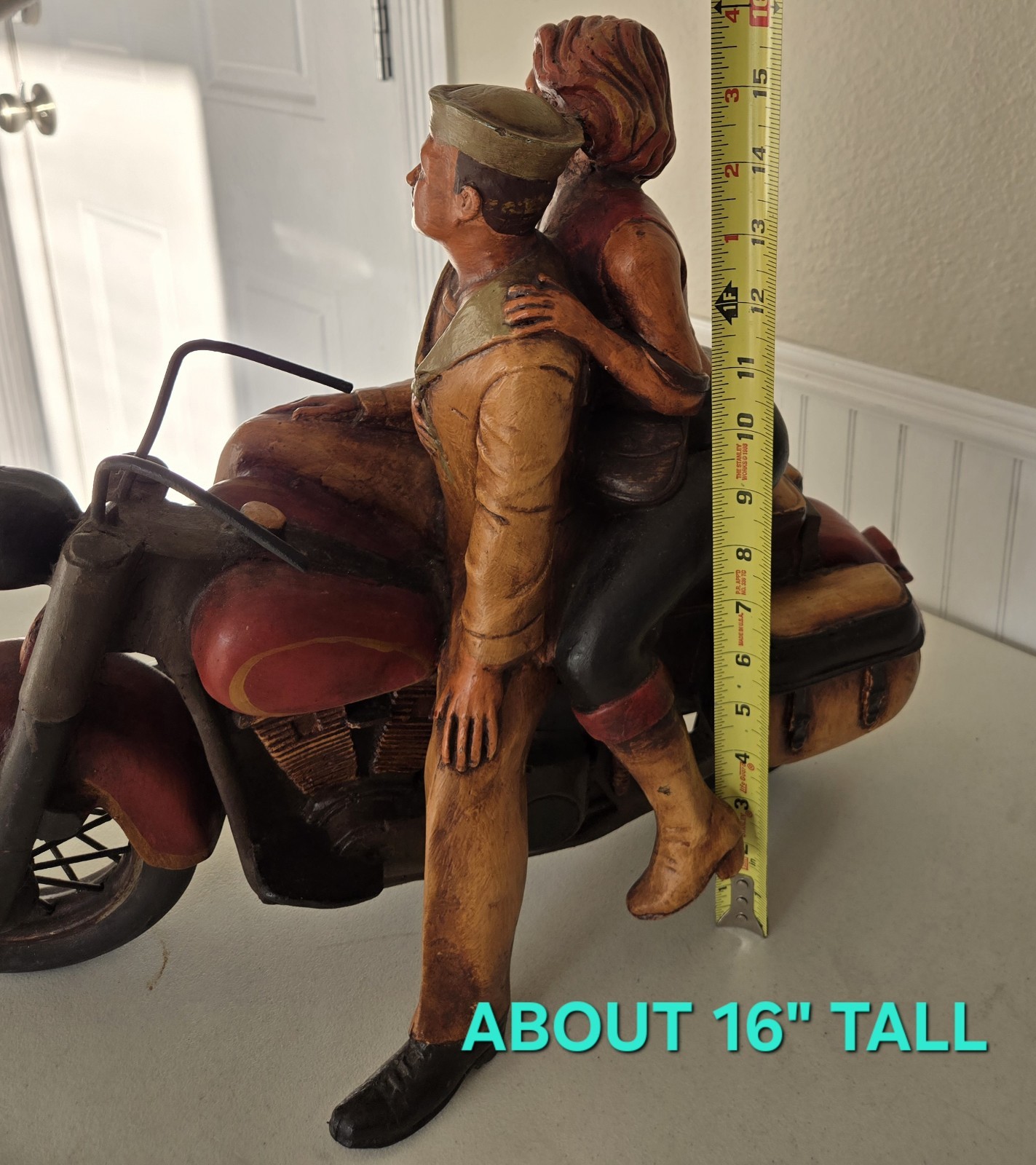 LARGE Wooden Sailor & Date Couple Riding Harley Davidson Motorcycle Sculpture
