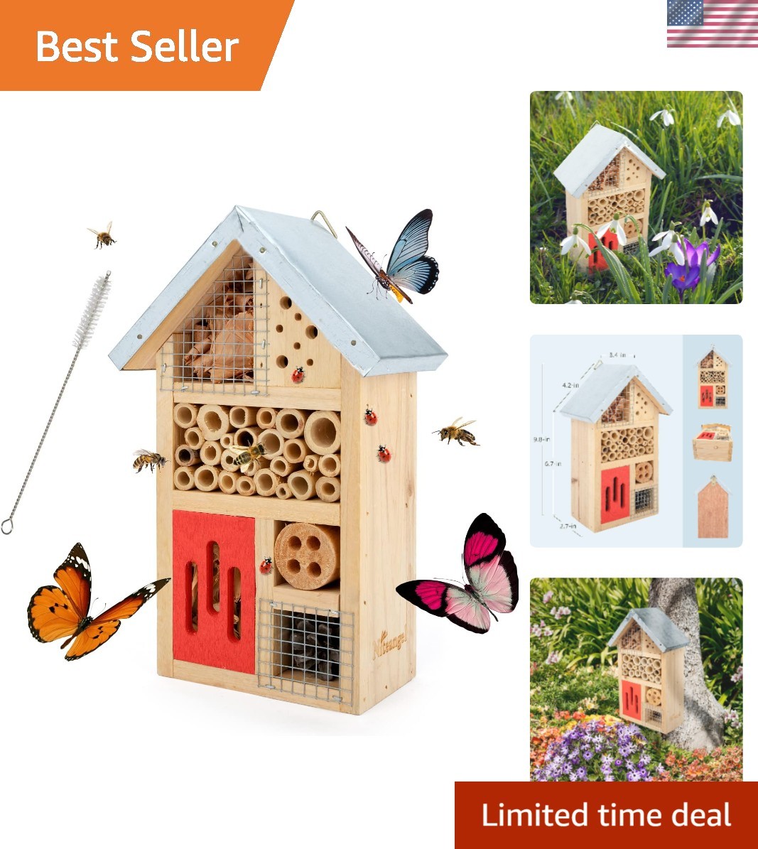 Compact Garden Insect House for Ladybugs, Bees & Butterflies – 3.5 x 6 x 10 in