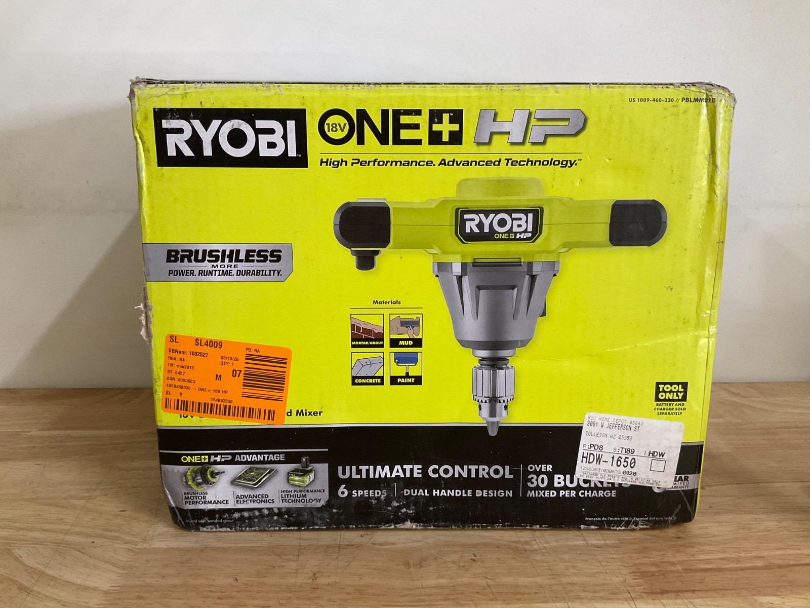 RYOBI ONE+ 18V HP 1/2 in. Brushless Cordless Mud Mixer (Tool Only) (PBLMM01B)