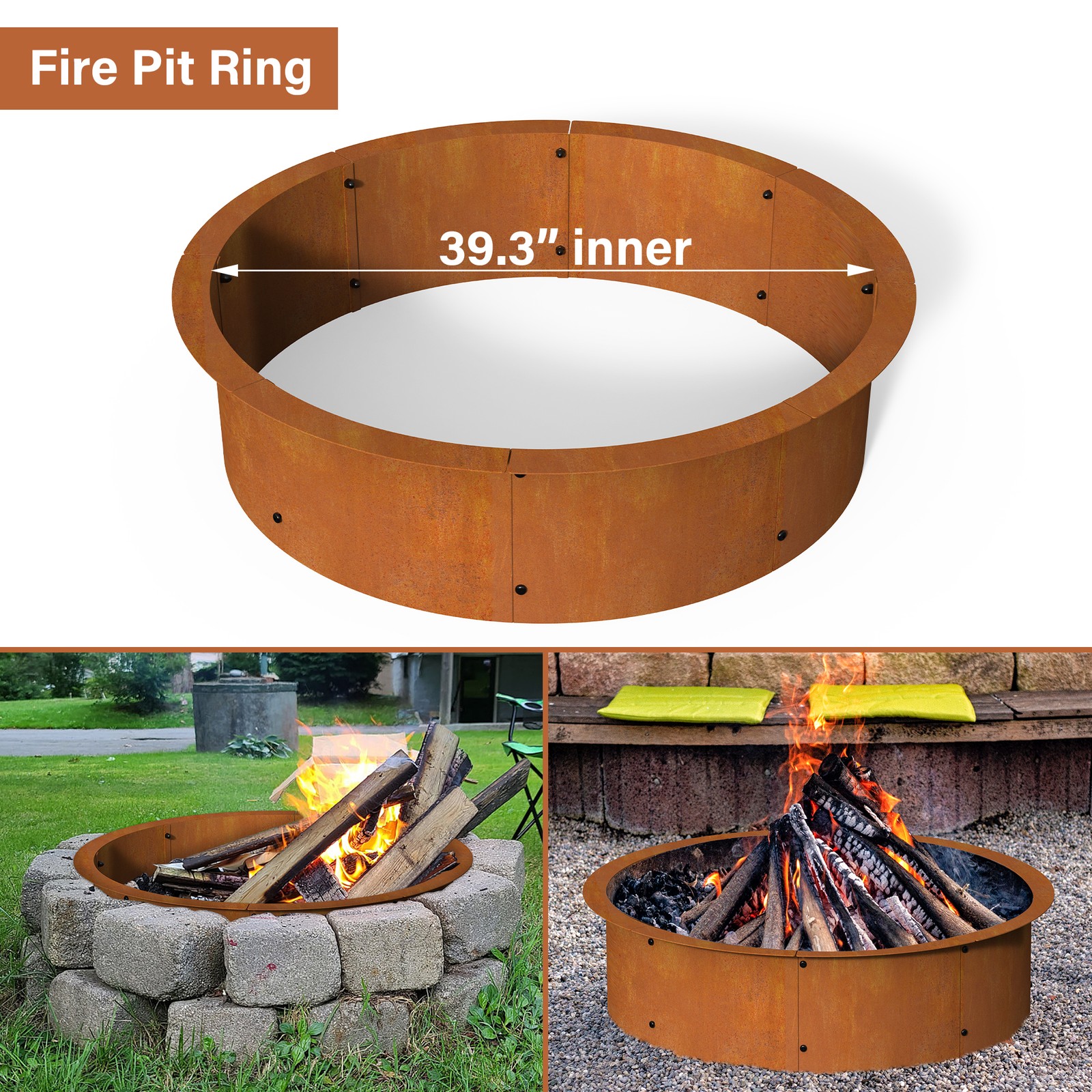 Fire Pit Ring Outdoor Wood Burning Fire Pit Outer 43.3 Inch Camping Fire Ring