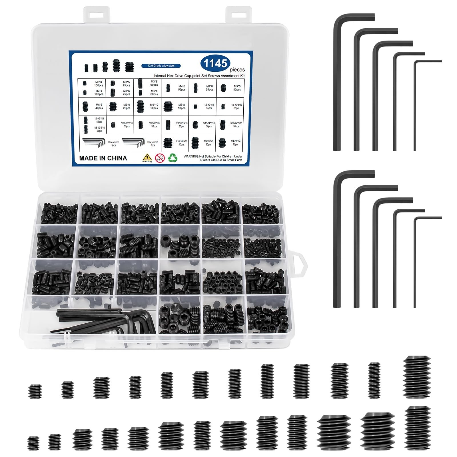1145PCS 25 Sizes Metric & SAE Set Screw Assortment Kit,12.9 Class Alloy Steel...