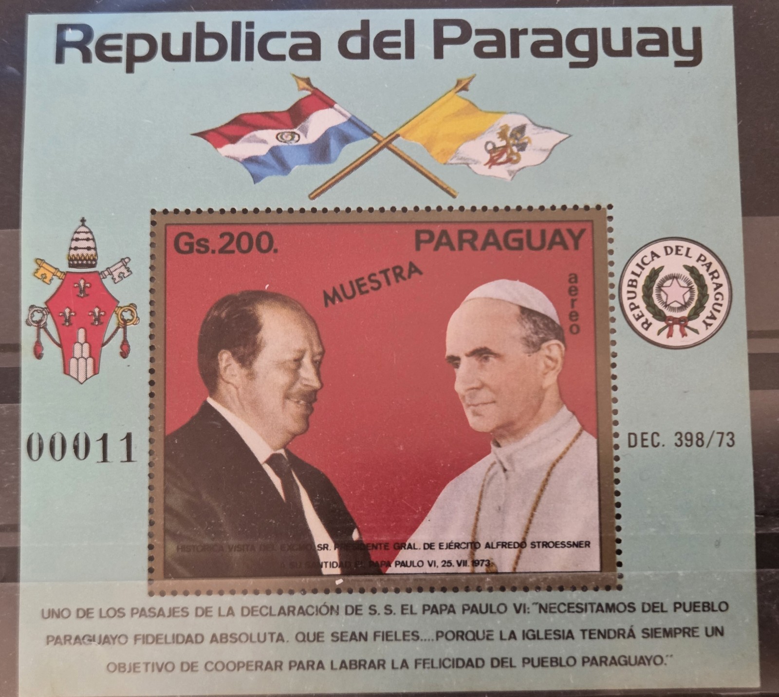 Paraguay Pope Paul VI Visit Specimen Muestra Souver Sheet MNH