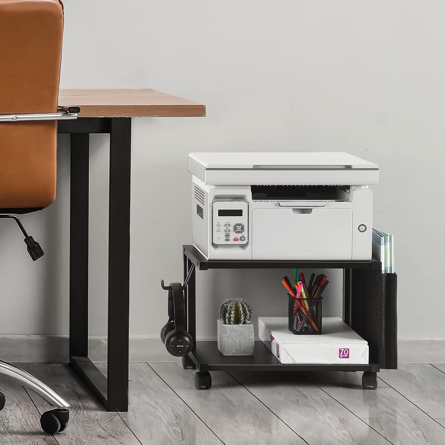2 Tier Printer Cart w/Wheels Desktop Printer Stand for Office Home Scanner Black