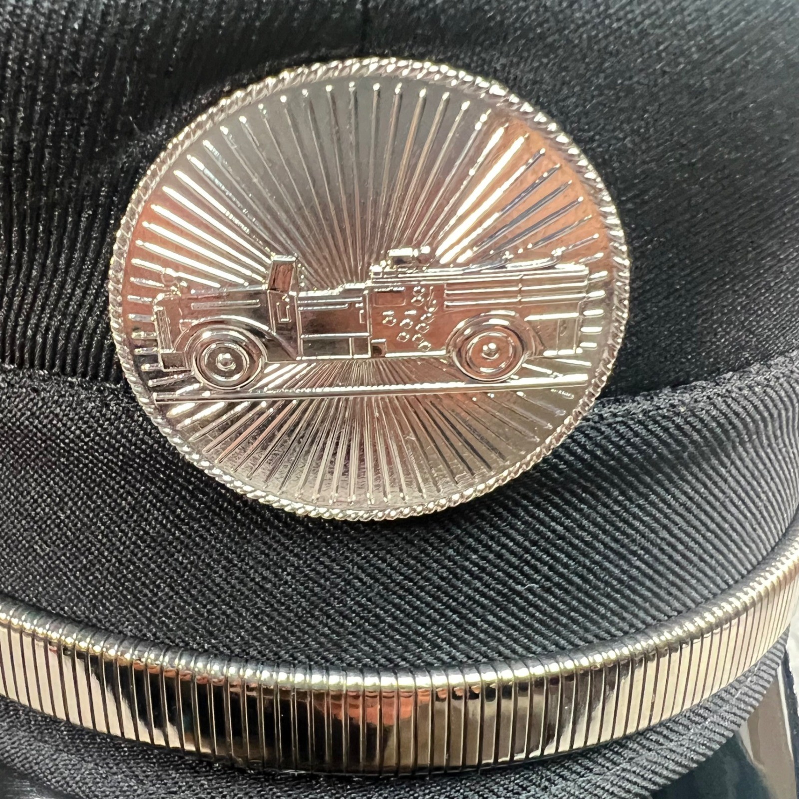 Fire Department Service Cap Union Made USA Black Dress Hat Silver Strap 7 5/8
