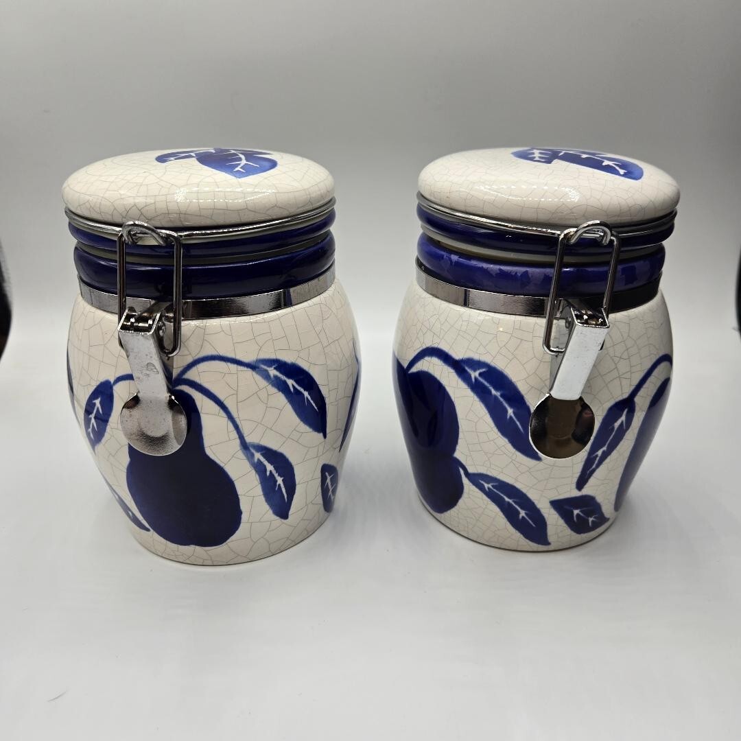 Vintage 80's Delph Blue/White Handpainted Glazed Crackle Canisters w/ Hinged Lid