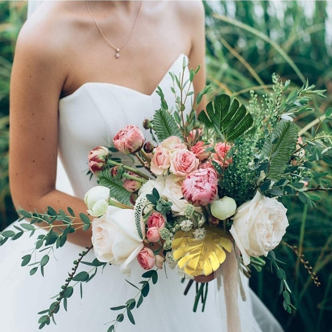 112 Pieces 10 Kinds Artificial Palm Leaves Golden Tropical Leaves with Stems Jun