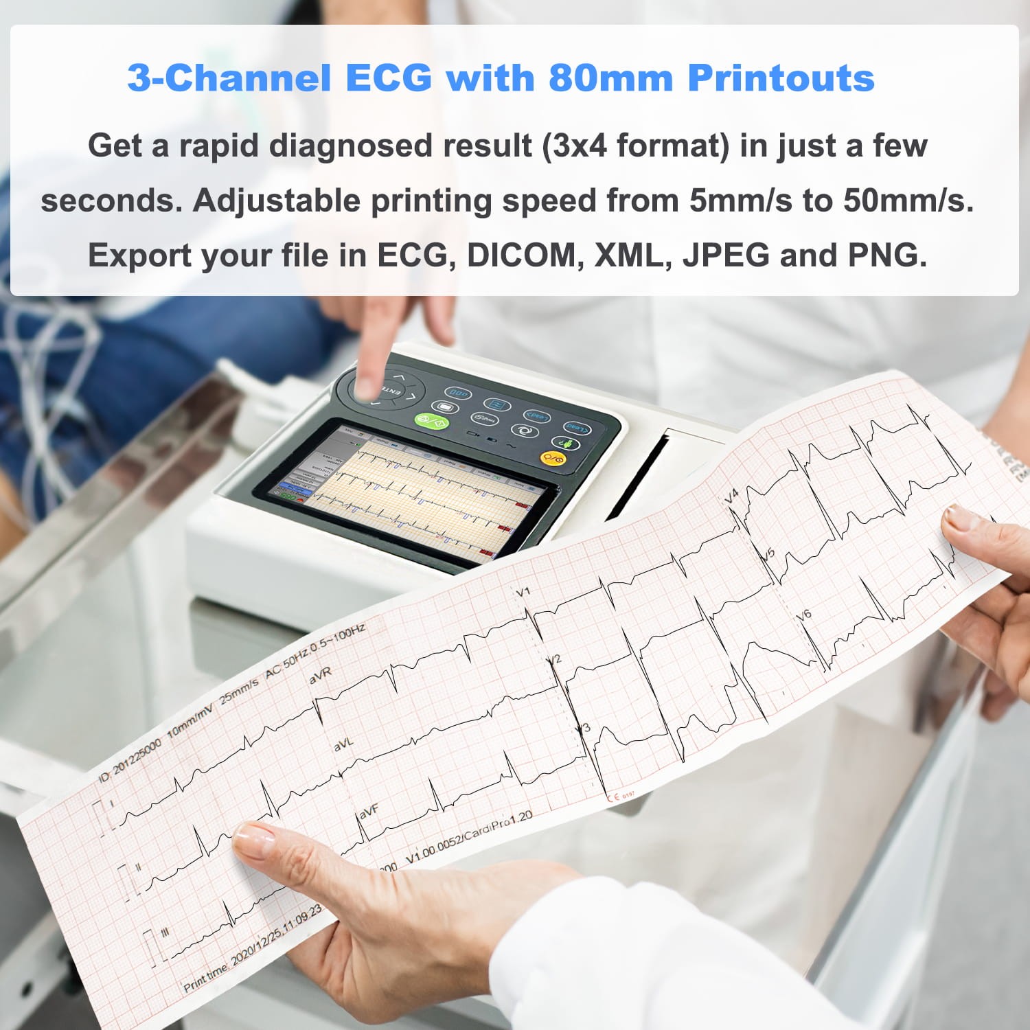 Professional Portable 12-Lead EKG Machine 3-Channel ECG with Analysis & Printer