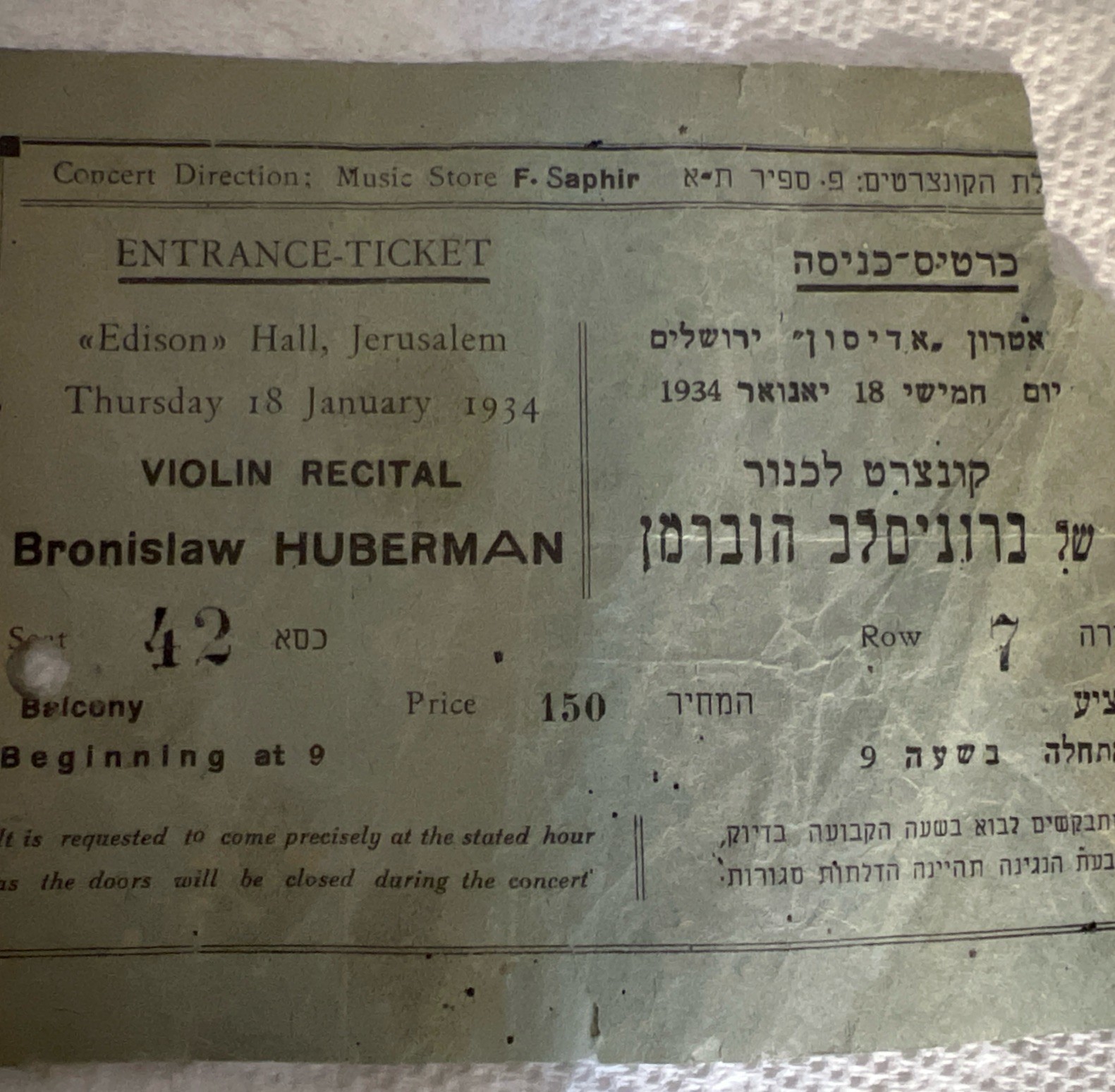 1934 Ticket Bronislaw Huberman Violin Recital Philharmonic Orchestra Vienna