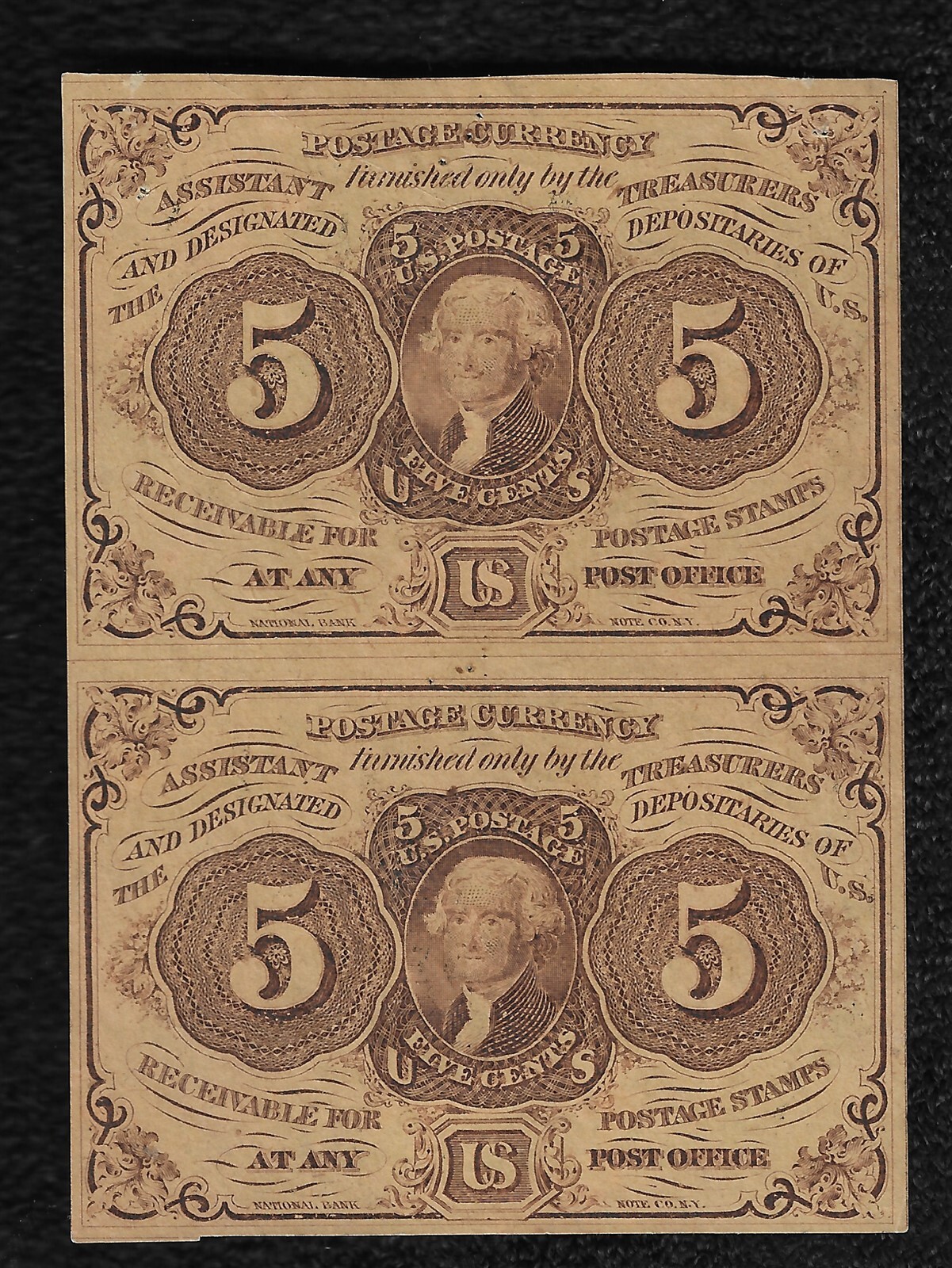 1863 "First Issue " .05 Cent Postage Currency Fractional Notes 2 Uncut "AU"