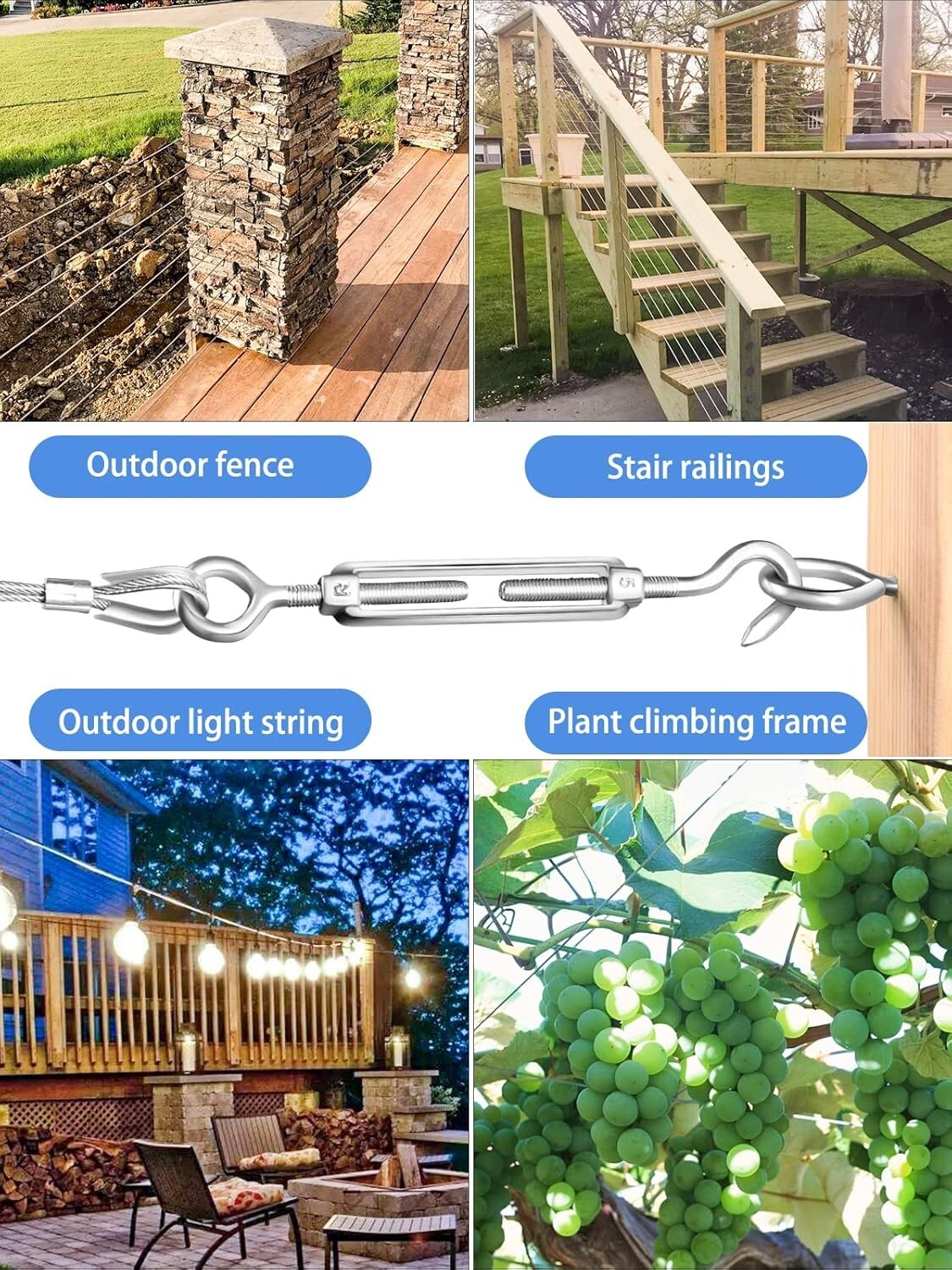 Outdoor Turnbuckle Wire Tensioner Kit 1/16 Vinyl Coated 100Ft Stainless Steel