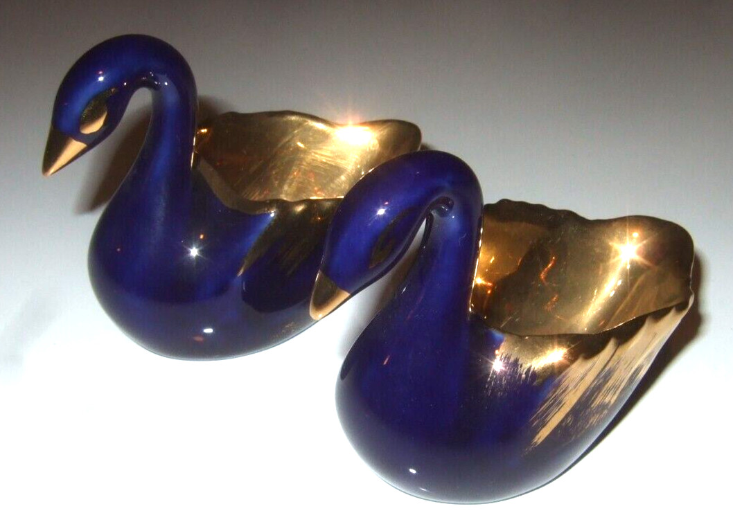Limoges Swan Salt Dish Cobalt Blue and Gold Pair