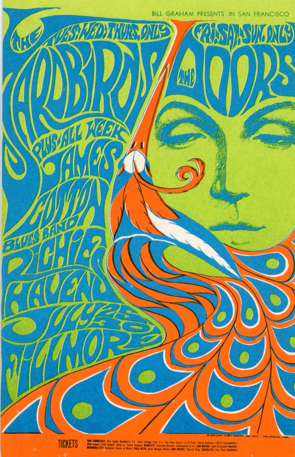 YARDBIRDS - DOORS - JAMES COTTON Postcard Fillmore Concert 1967 Wes Wilson BG-75