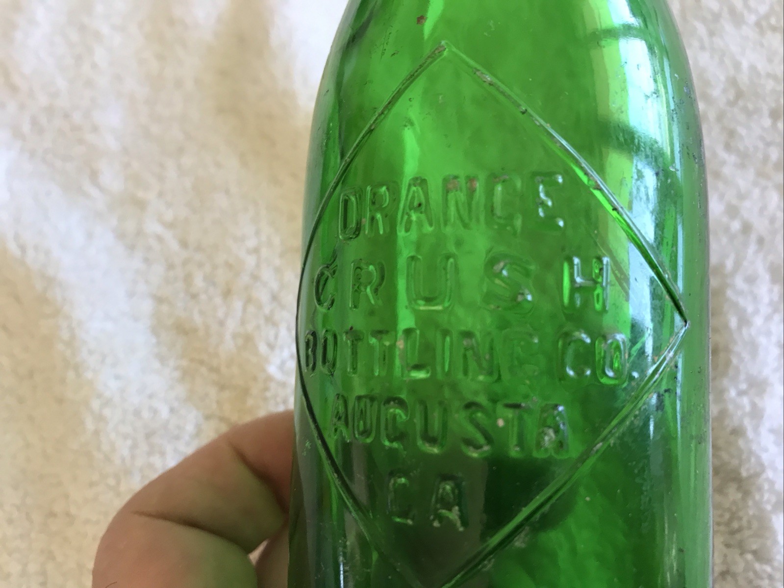 ORANGE CRUSH VINTAGE GREEN GLASS EMBOSSED BOTTLE, AUGUSTA, GEORGIA..RARE