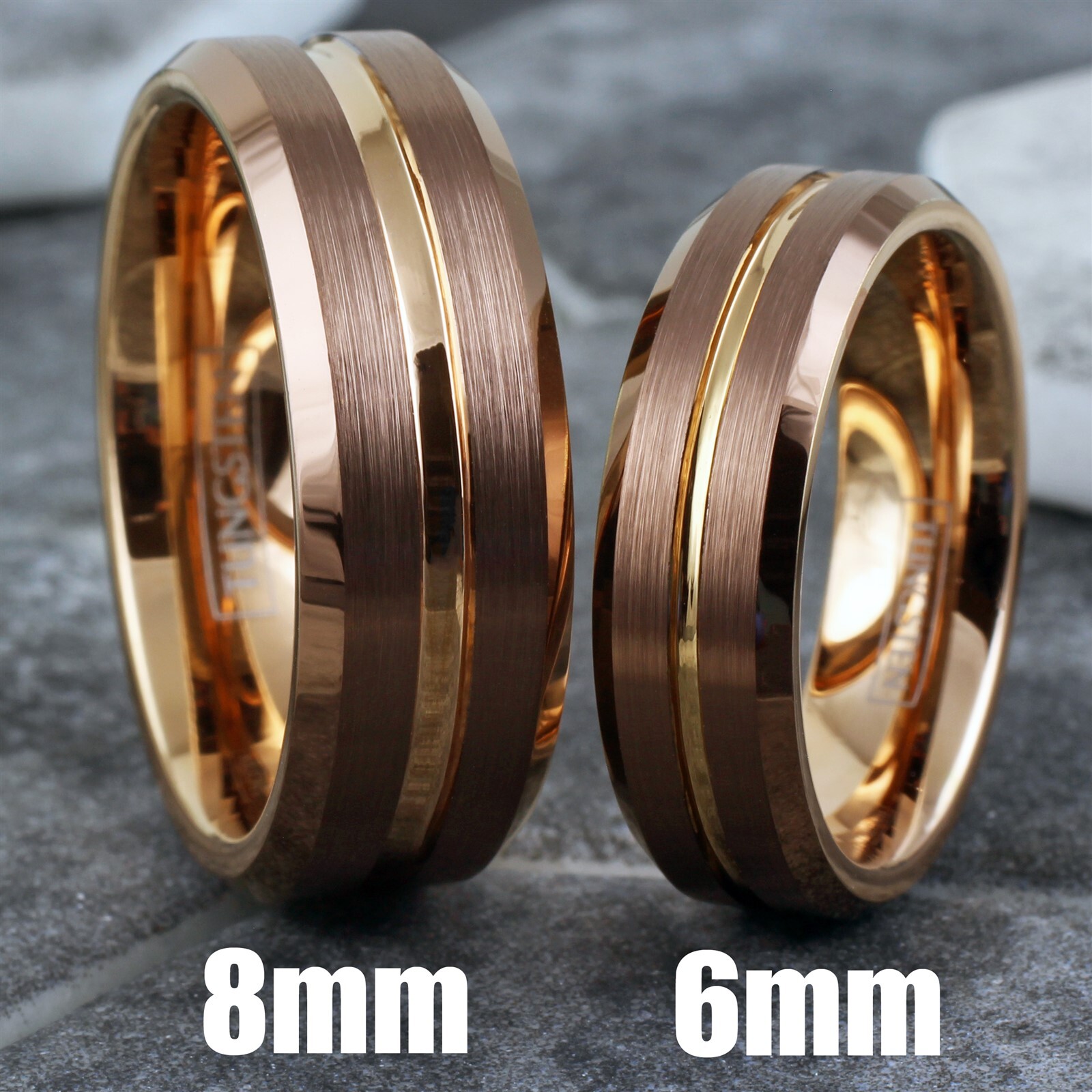 Bronze-Brown Tungsten Carbide Men's Ring Rose Gold Plated Stripe Wedding Band