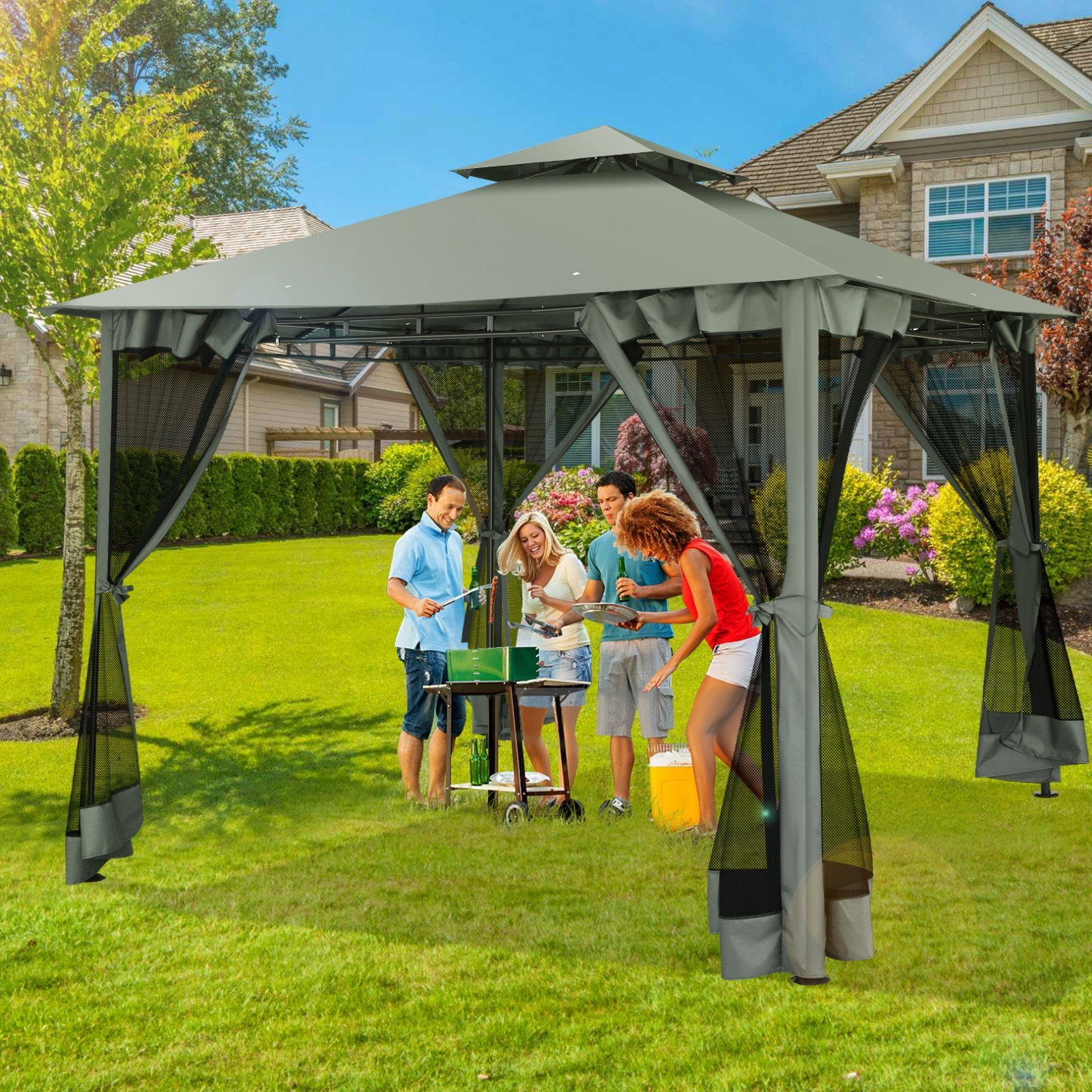 10x10 Patio Gazebo with Mosquito Netting Heavy Duty BBQ Canopy Tent Double Roof