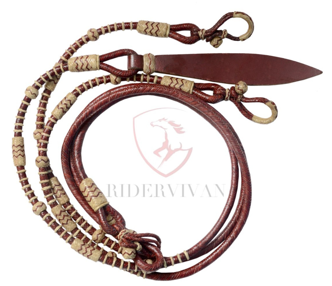 20 Plaits Romal Reins, Rommel Reins Chestnut Cherry Cow Rawhide, 55" Romal Reins