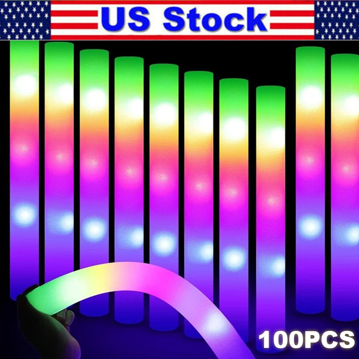100 Pieces Luminous Foam Sticks LED Glow Foam Sticks Flashing Luminous Sticks