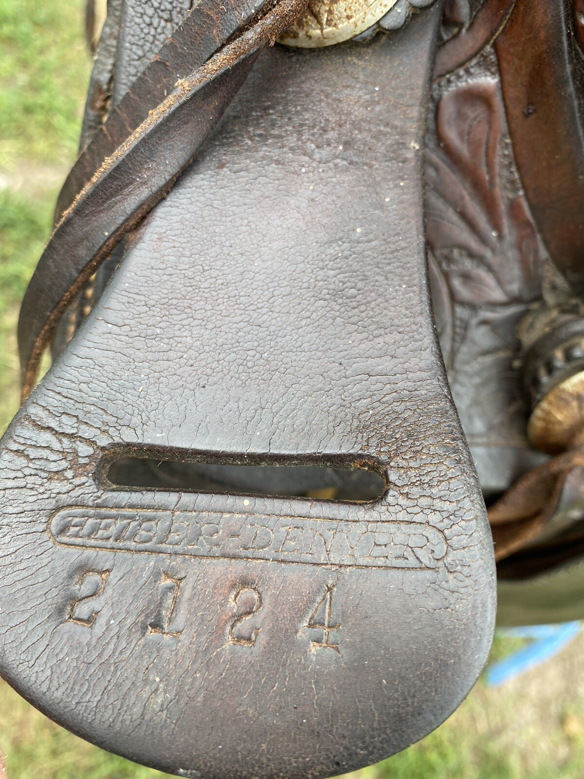 Antique Heiser Denver tooled leather 16 " slick seat wide fork Western saddle