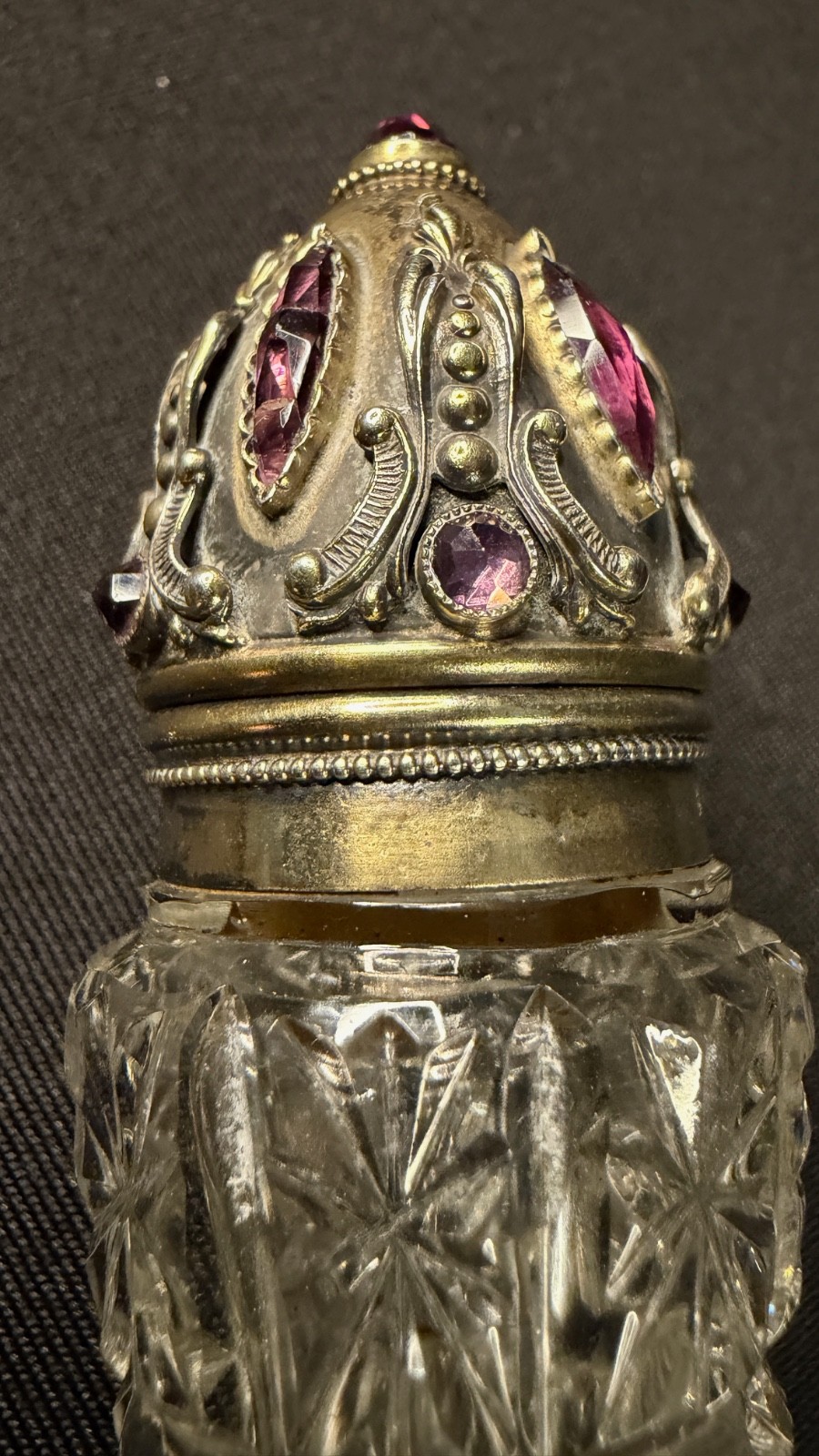 Rare Victorian Sterling with Faceted Amethyst Stones & Cut Cyrstal Scent Bottle