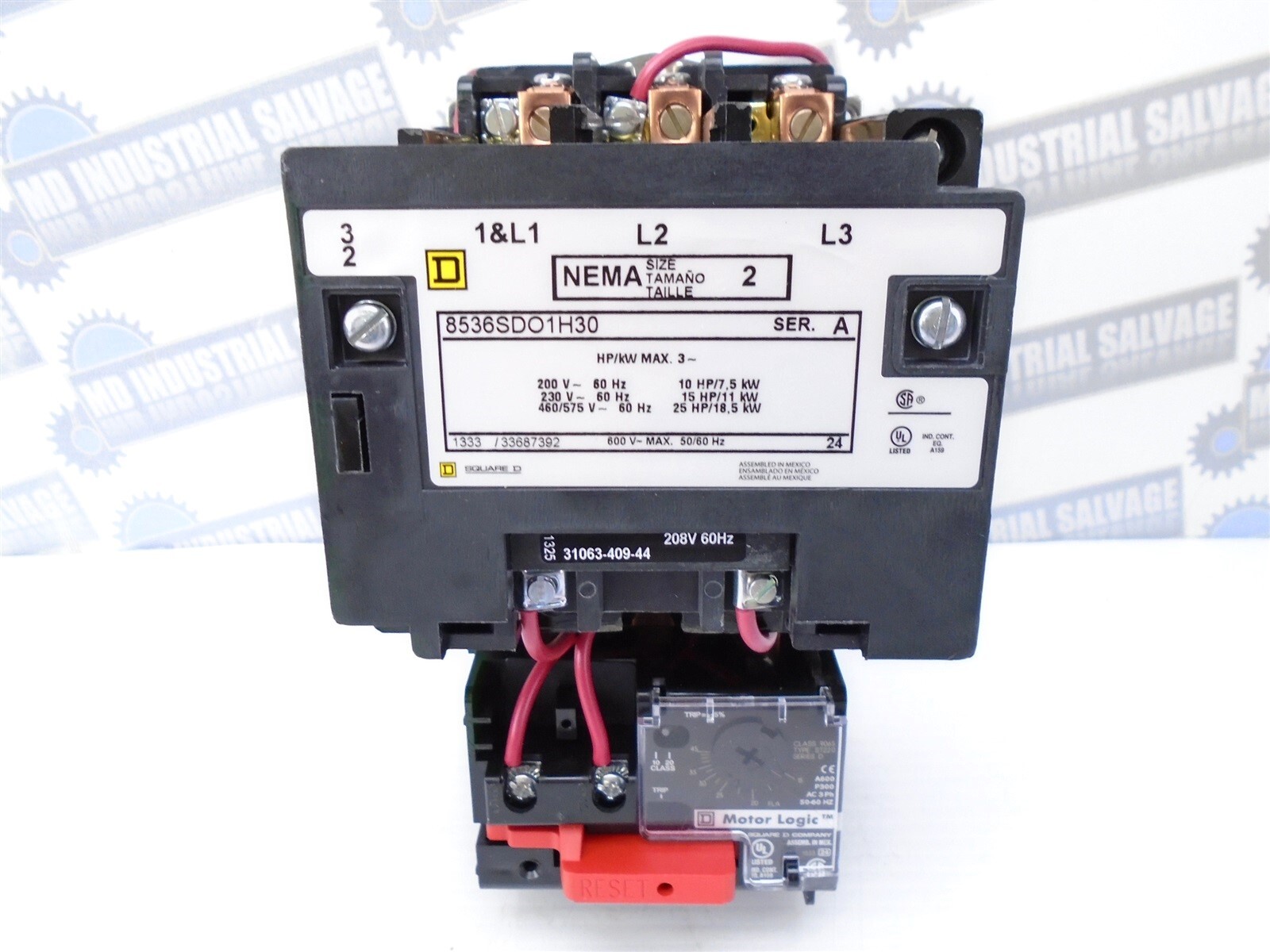 SQUARE D - 8536SDO1V08H30 - MOTOR STARTER - 45A, SZ-2, 25hp@460, 208V Coil