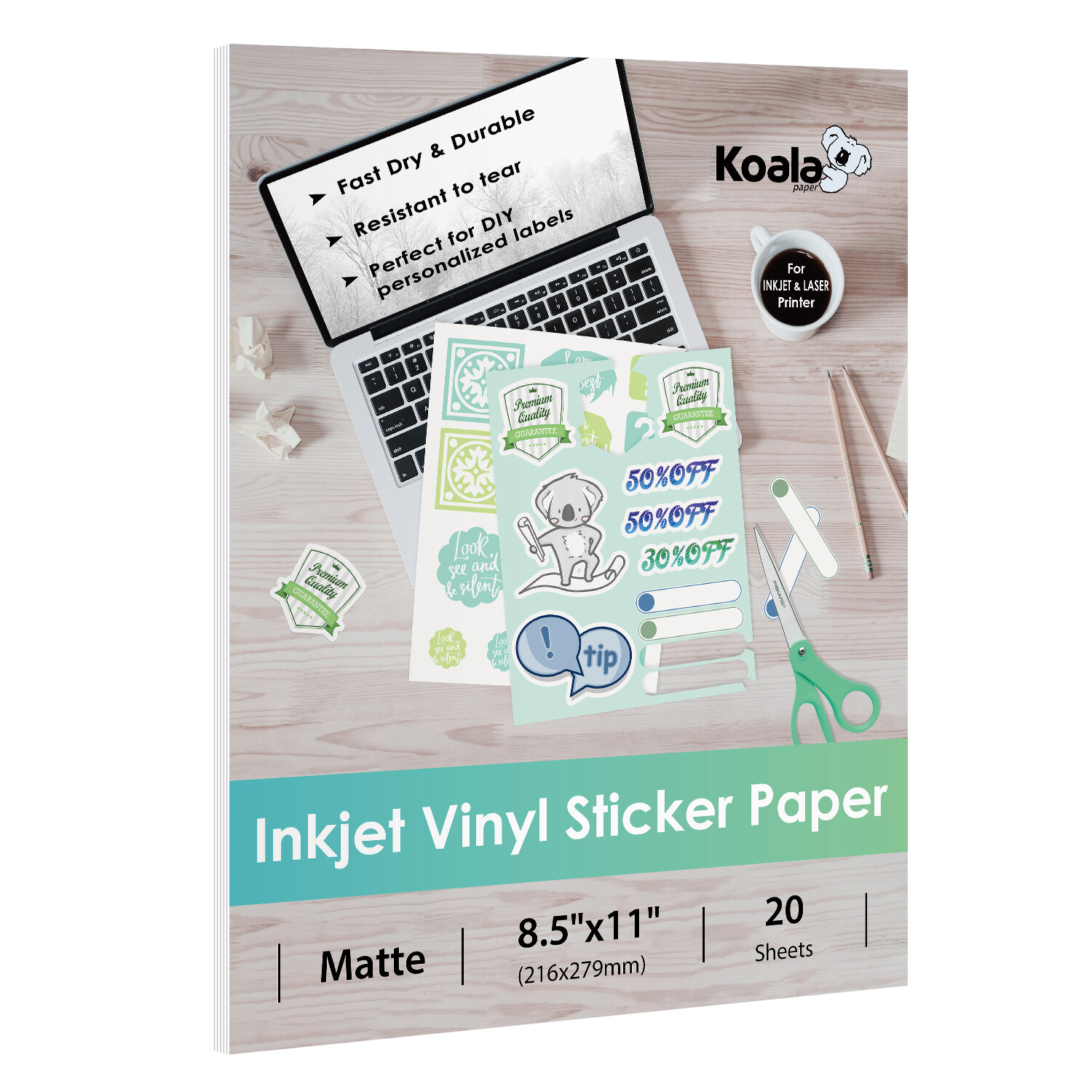 Koala Printable Vinyl Sticker Paper for Inkjet Printer Matte White Waterproof 20