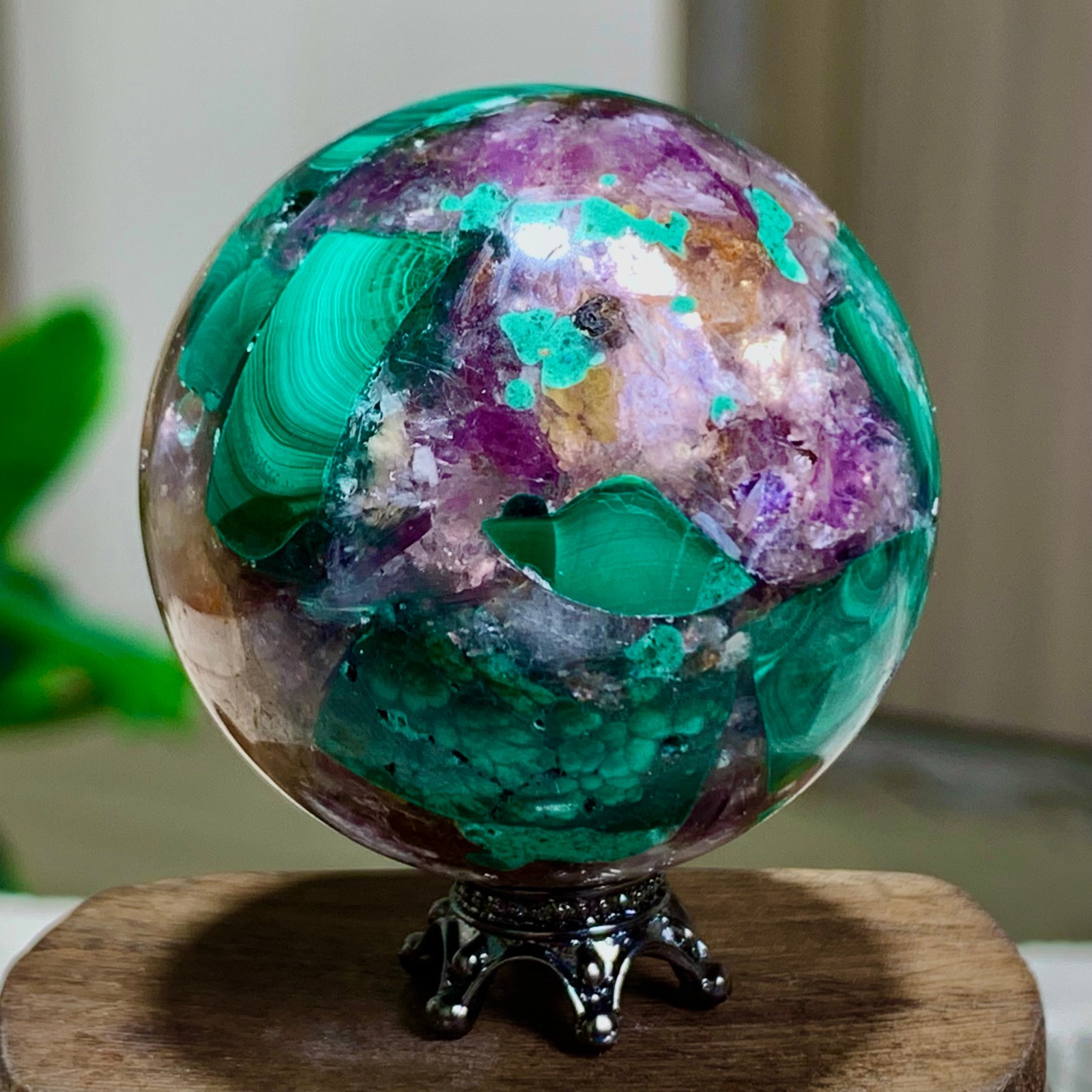 102G Newly discovered rare malachite purple mica symbiotic sphere restoration
