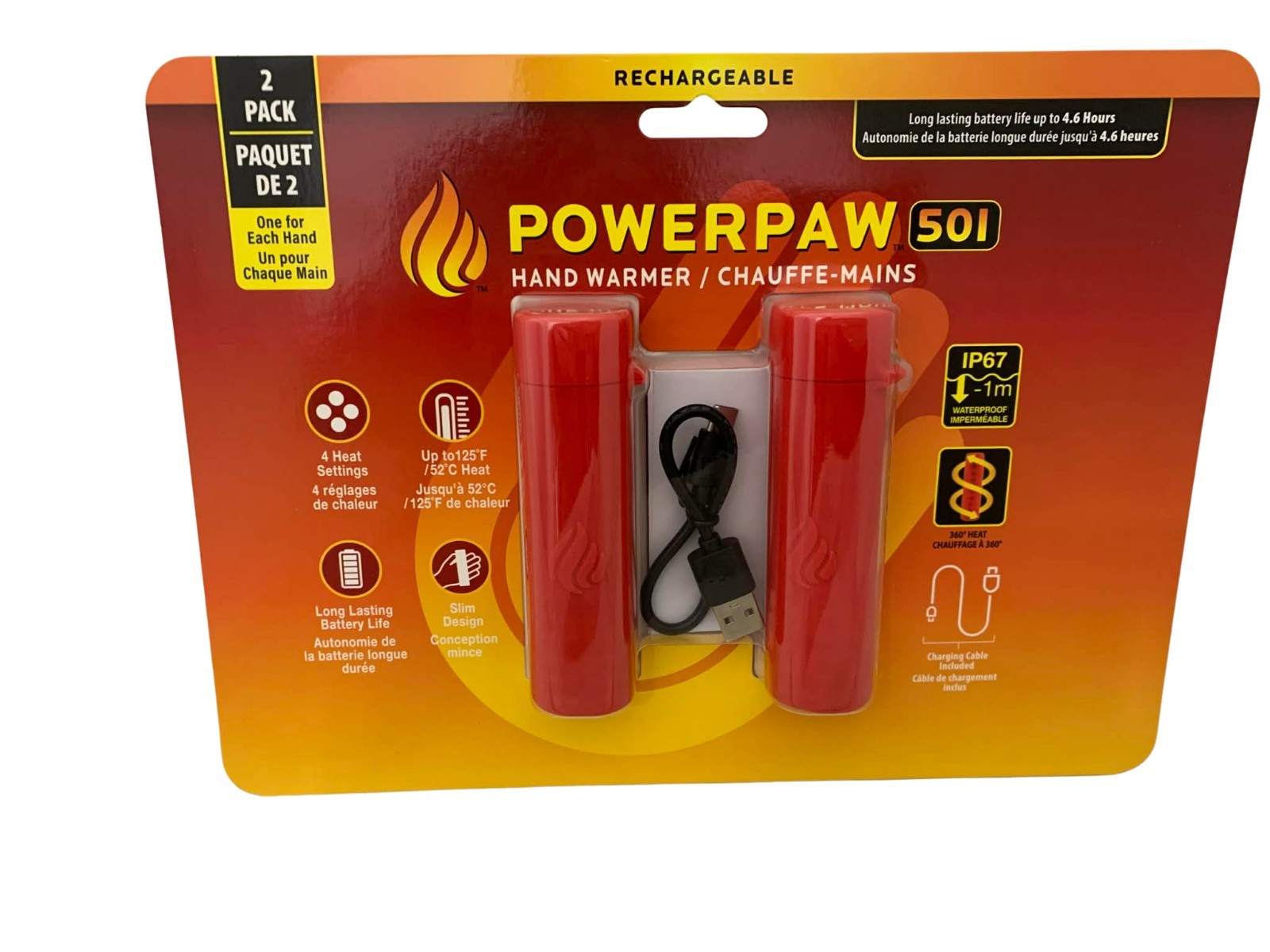 Powerpaw 501 2Pk Hand Warmer 4 Heat Settings Rechargeable Waterproof Slim Design