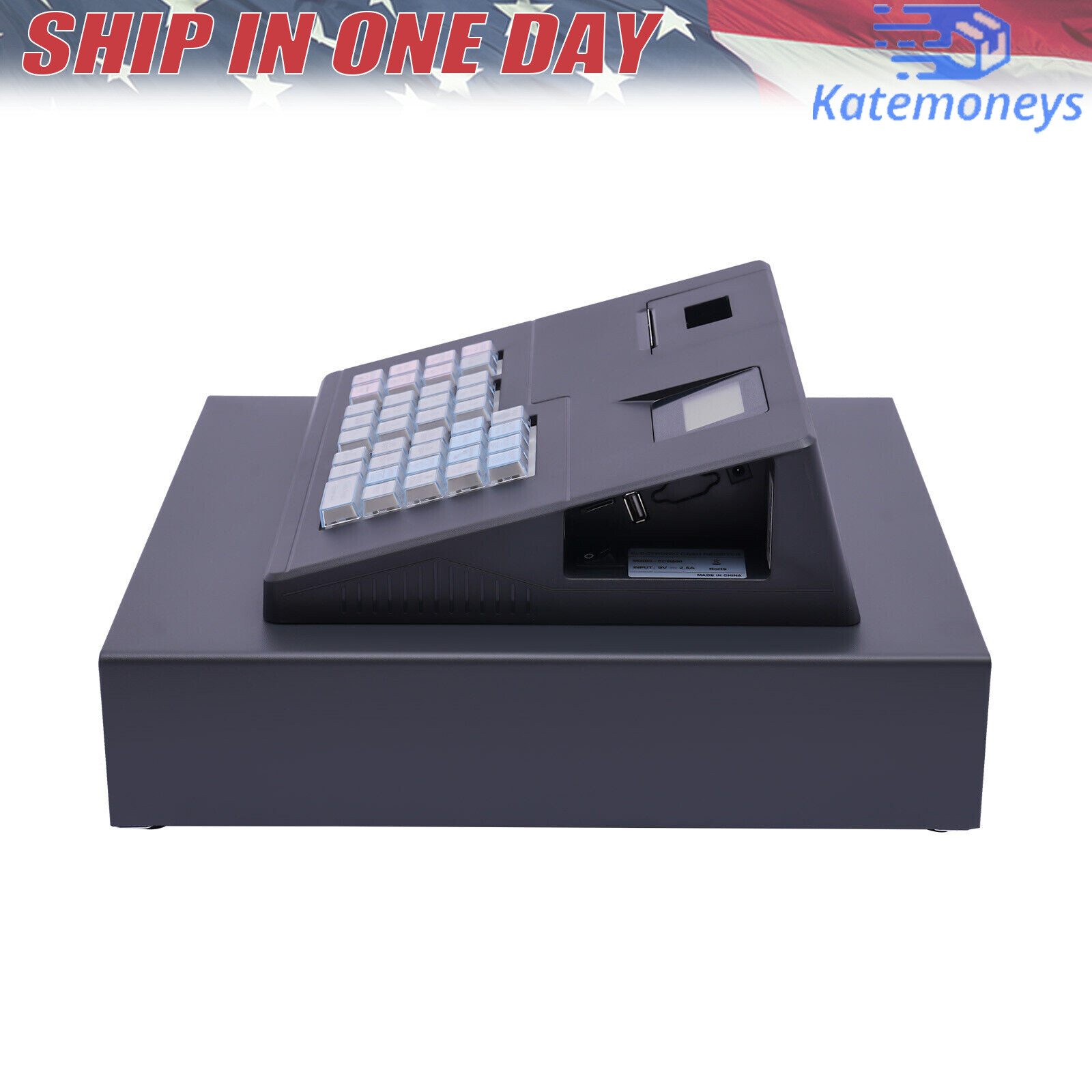 38 Keys Electronic Cash Register Black Thermal Cash Register with Cash Drawer