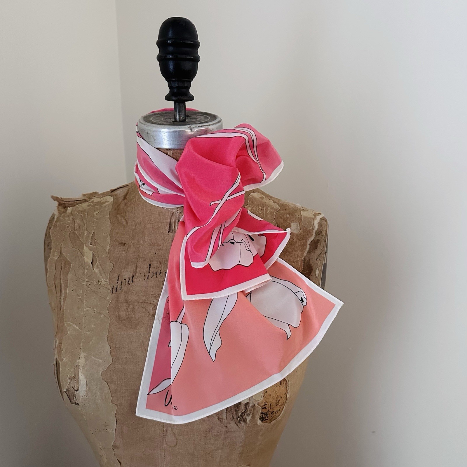 Vintage Vera Neumann Silk Scarf Spring Tulips Ombré Pink Tagless 10.5” X 40”