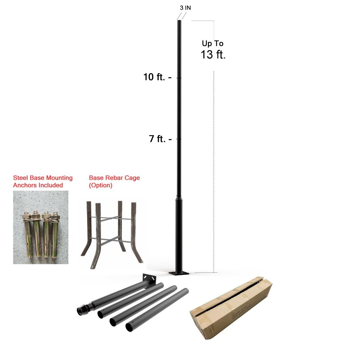 10ft 13 ft. Extendable Black Outdoor Universal Light Pole Corrosion-resistant