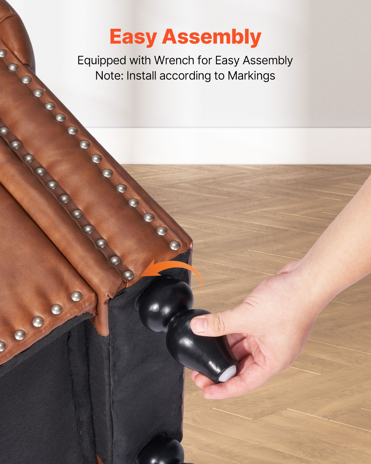 Uimoso Button-Tufted Storage Ottoman Bench Rolled Arm PU Leather Wood Legs Brown