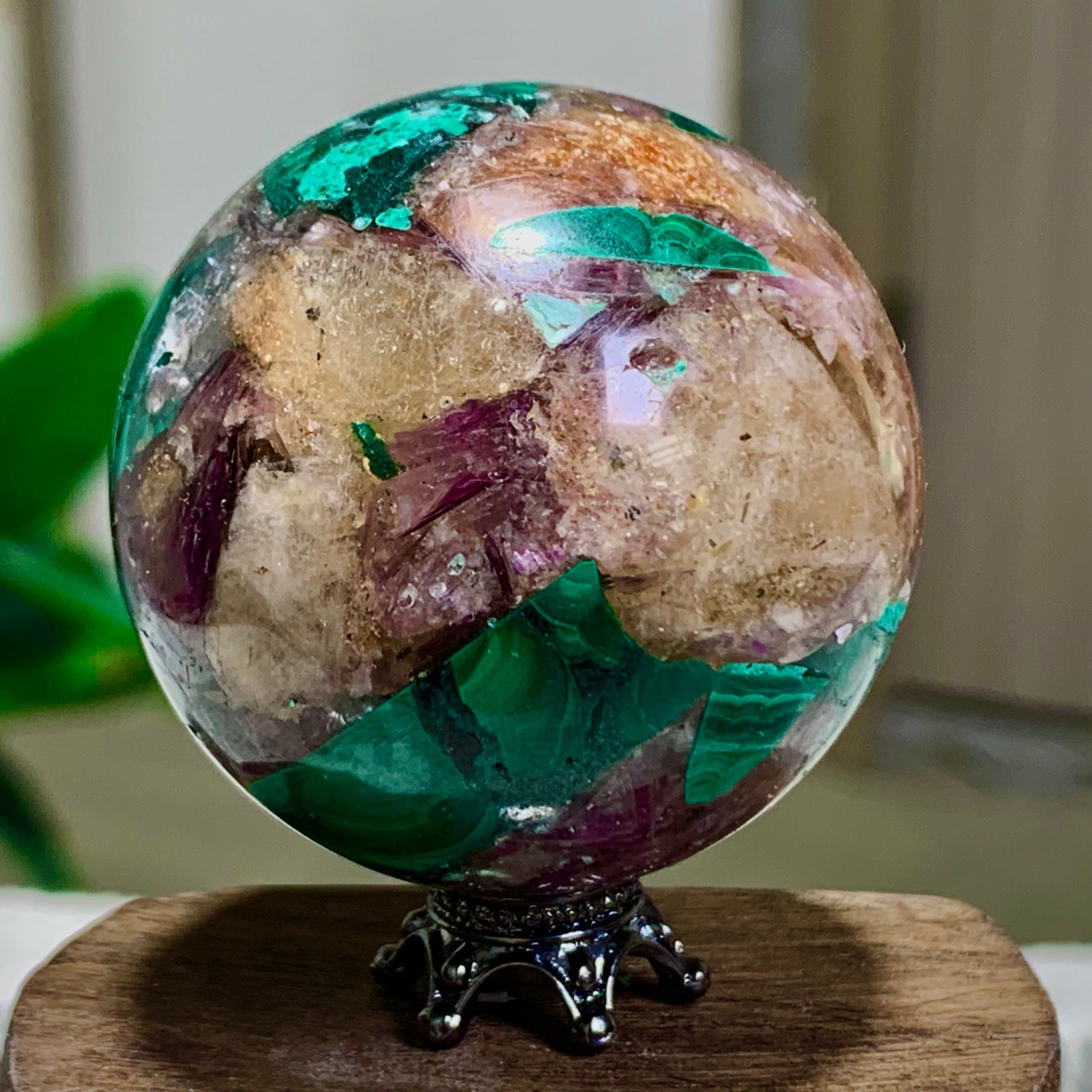 102G Newly discovered rare malachite purple mica symbiotic sphere restoration