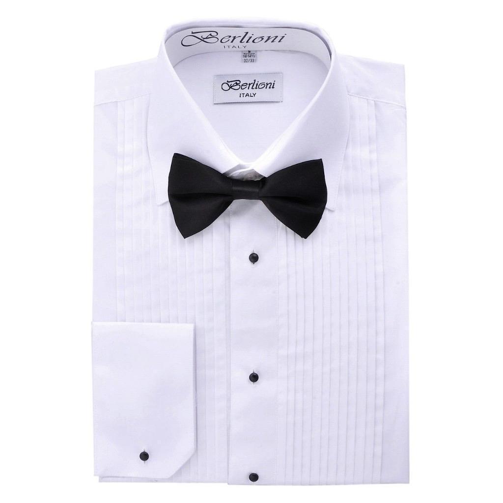 Berlioni Italy Men's White Tuxedo Dress Shirt Bow-Tie Collar