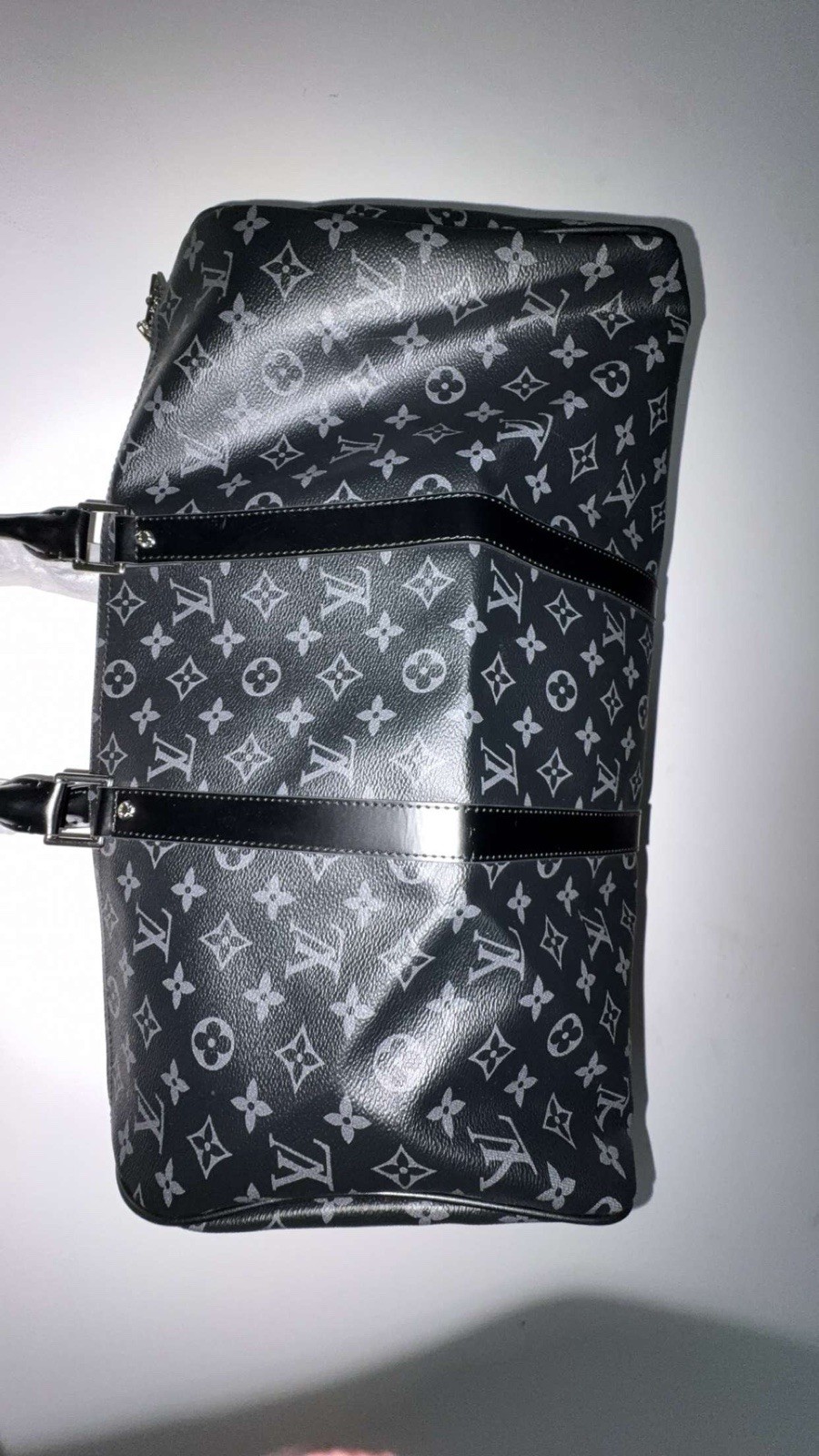 Louis Vuitton Monogram Eclipse Leather Duffle Bag Black Gray Adjustable Straps
