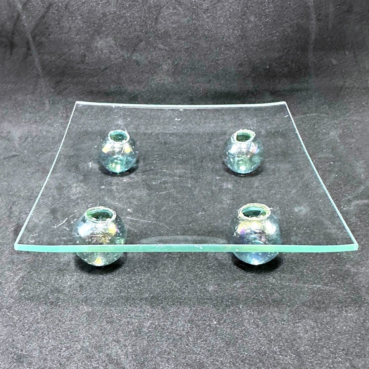Glass Square Tray with Four Iridescent Orb Feet Decorative Display Stand