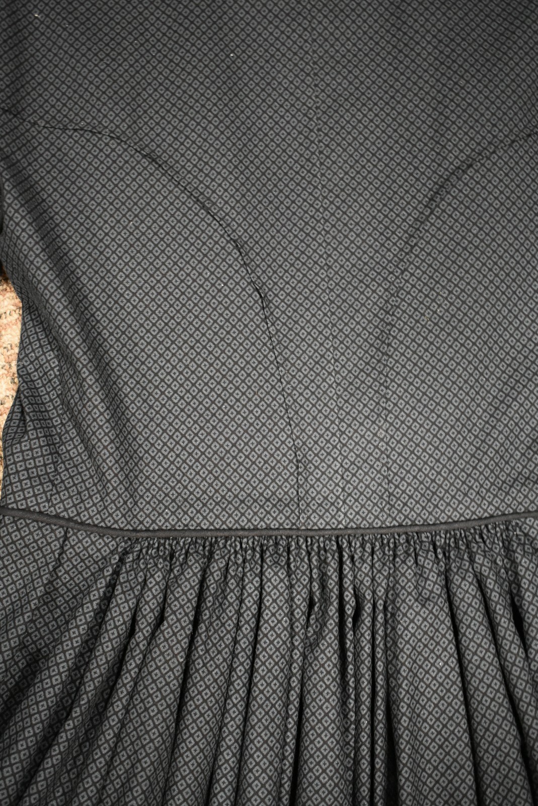 Civil War Victorian Cotton Day Dress Handmade Black wGrayDiamond Print - L/XL