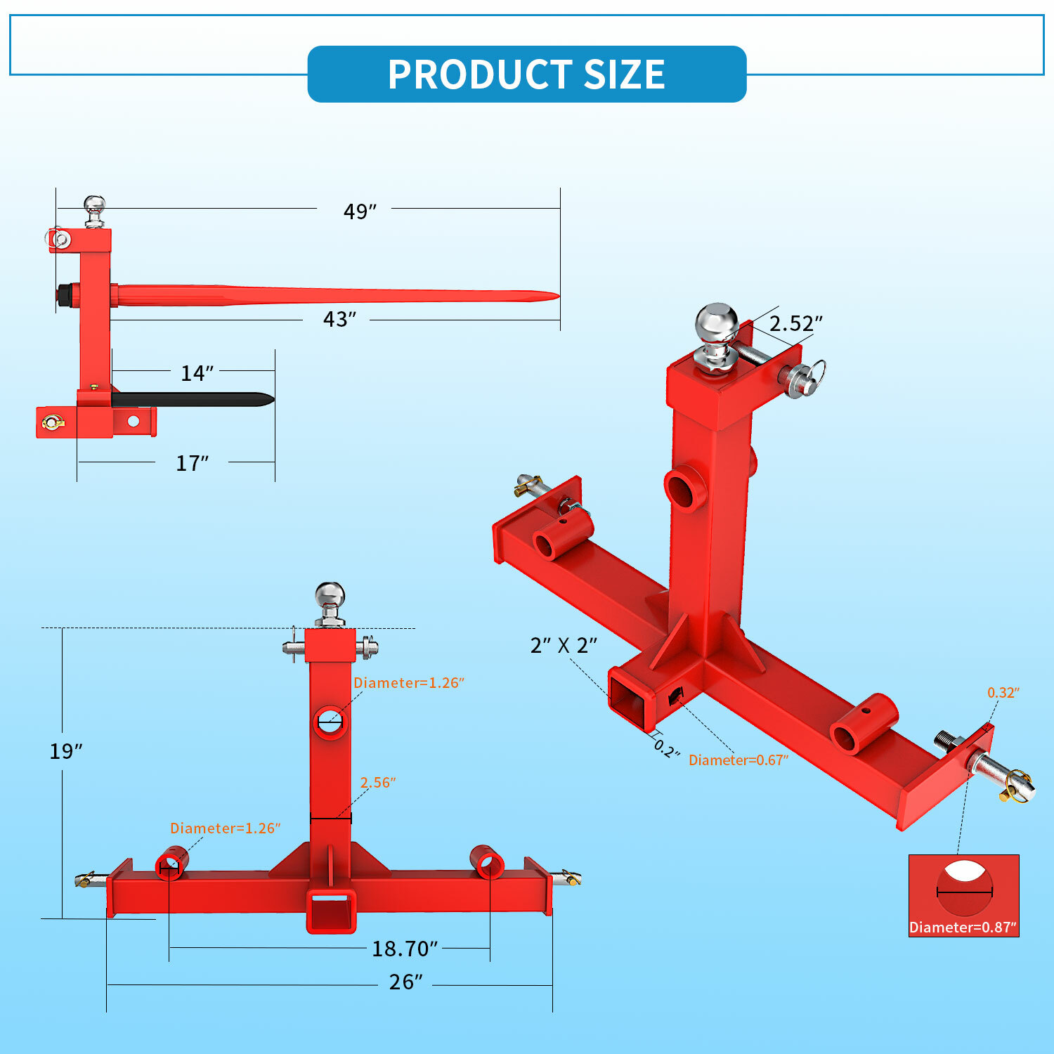 3 Point Hay Bale Spear Trailer Hitch Receiver for Cat 1 Tractors
